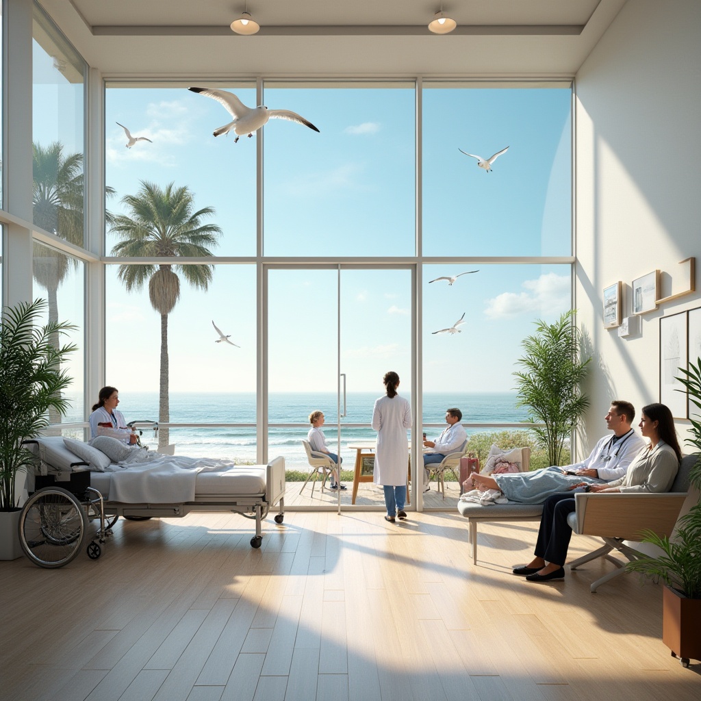 Prompt: Coastal healthcare center, modern architecture, large glass windows, ocean view, white walls, wooden floors, comfortable waiting area, plants, natural light, doctors in white coats, stethoscopes, medical equipment, patients on hospital beds, wheelchair, crutches, beach scene outside, palm trees, seagulls flying overhead, clear blue sky, sunny day, soft warm lighting, 3/4 composition, shallow depth of field.