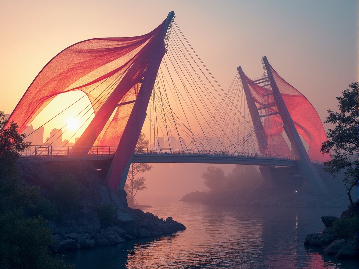 Prompt: Modern bridge, incorporating fabrics, futuristic design, steel cables, woven textile materials, flowing curves, vibrant colors, sunset lighting, cityscape background, river flowing underneath, gentle mist, atmospheric perspective, depth of field, 3/4 composition, soft focus, ambient occlusion.