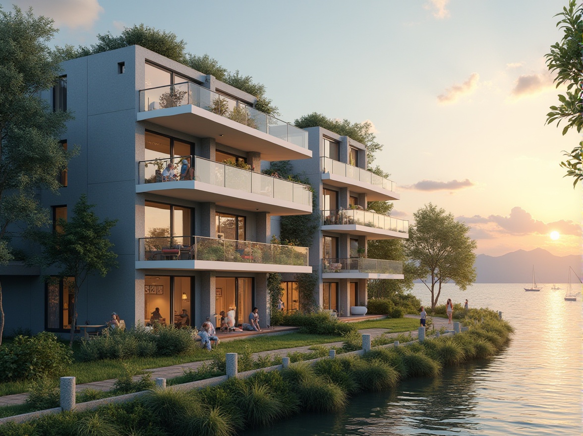 Prompt: Lakefront social housing, modern architecture, multiple-story building, balconies overlooking lake, residents chatting on balcony, greenery surroundings, trees near lake, walking path alongside lake, sunset time, warm golden light, calm atmosphere, peaceful living environment, water reflection, ripples on lake surface, few sailboats in distance, blue and white color scheme, large windows, sliding glass doors, minimal decoration, cozy interior design, residents enjoying outdoor activities, children playing near lake, happy family scene, soft focus background, shallow depth of field, warm lighting, natural scenery.