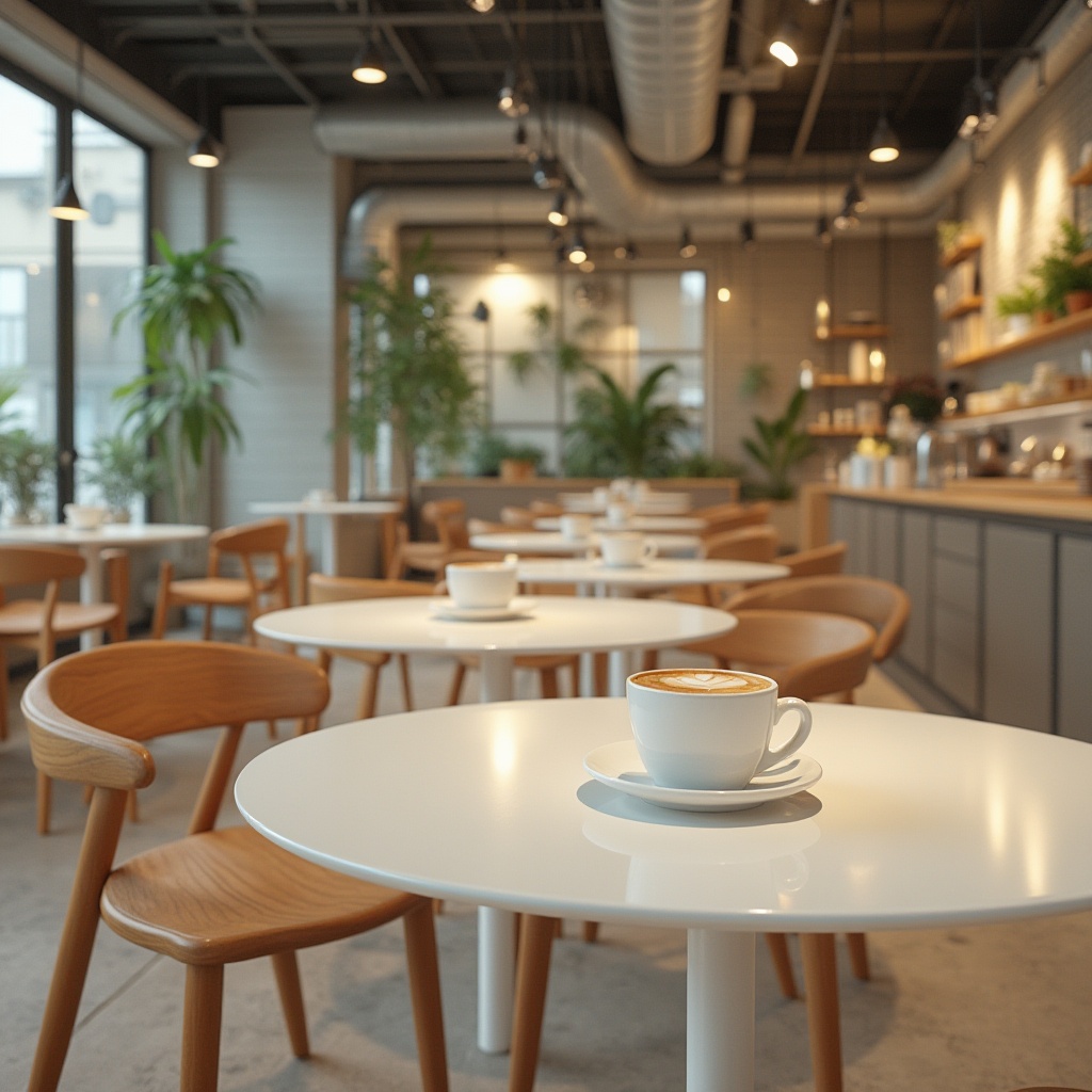 Prompt: Modern coffee shop, Fibreglass tables, rounded edges, white base, wooden chairs, minimalist legs, pastel color scheme, warm lighting, plants on shelves, industrial ceiling, metal beams, concrete floor, natural light pouring in through large windows, cozy atmosphere, 3/4 composition, close-up of coffee cups, shallow depth of field, vibrant colors.