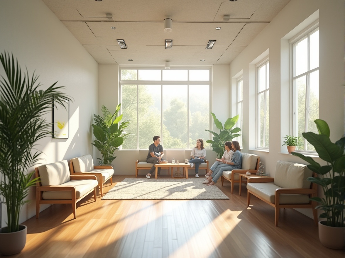 Prompt: Clinic interior, natural light pouring in, large floor-to-ceiling windows, minimalist white walls, wooden floors, green plants scattered throughout, comfortable waiting area, patients sitting on couches, warm atmosphere, subtle shadows, gentle highlights, morning sunbeams, soft focus, shallow depth of field, realistic, calming ambiance, peaceful composition.