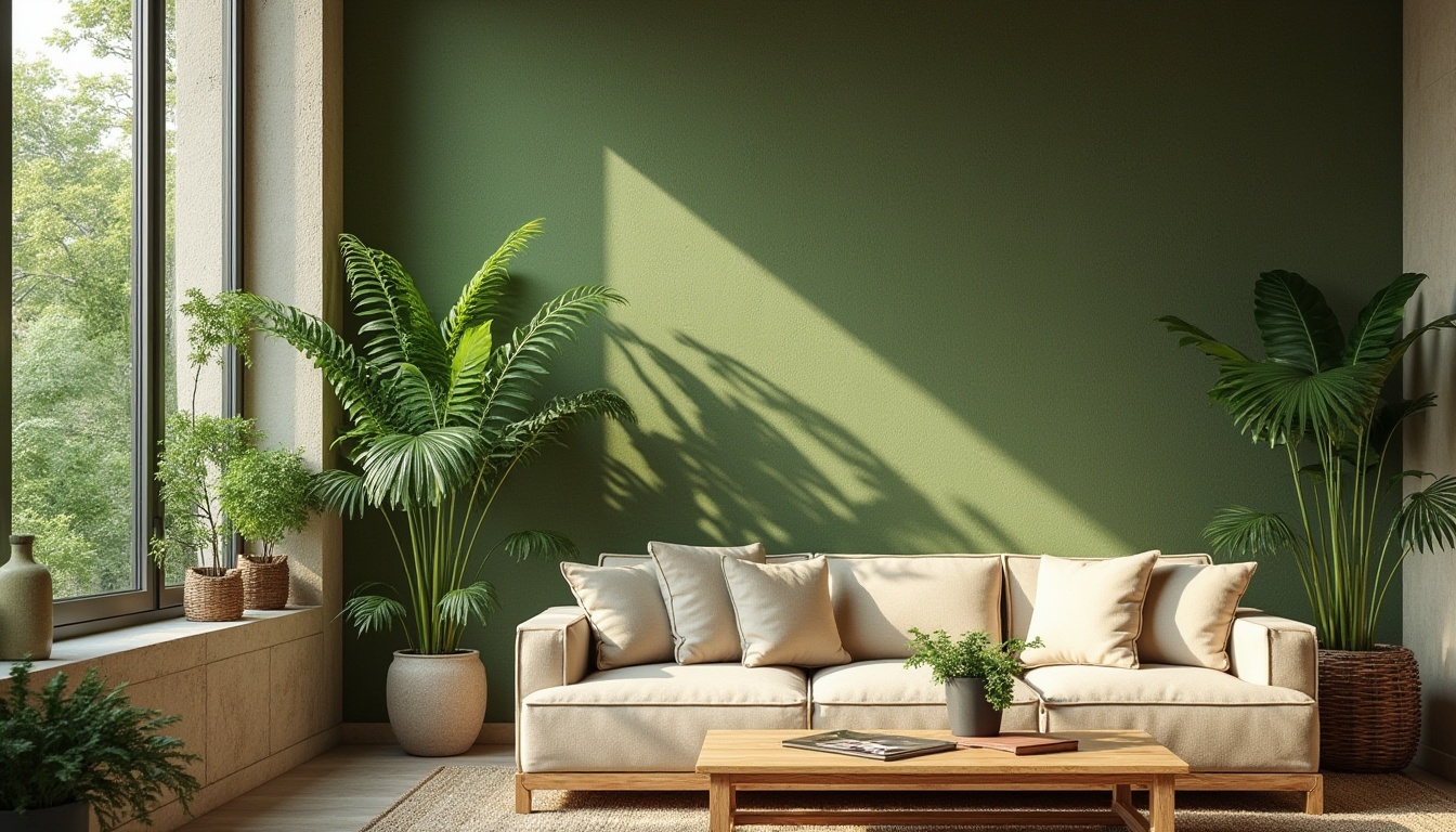 Prompt: Moss green, natural scenery, lush foliage, earthy tone, calming atmosphere, interior design, modern home decor, accent wall, living room, coffee table, potted plants, rustic wood, woven basket, soft lighting, cozy ambiance, warm beige, cream-colored couch, 3/4 composition, shallow depth of field.