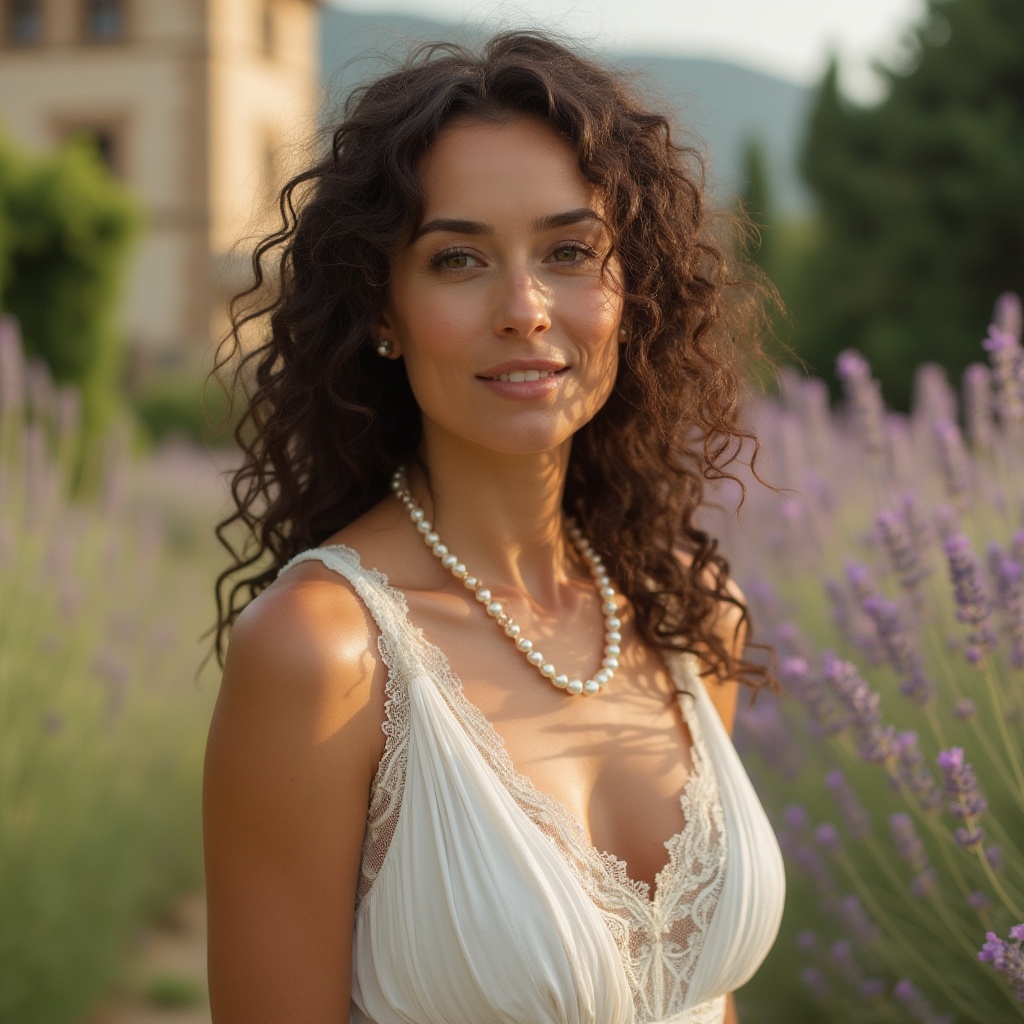 Prompt: Elegant mature lady, 30s, curly brown hair, minimal makeup, pearl necklace, flowing white dress, lace details, natural fabrics, standing, classic villa, Italian countryside, blooming lavender, greenery, warm afternoon sunlight, soft focus, shallow depth of field, cinematic composition, earthy tones, natural textures, sustainable living.