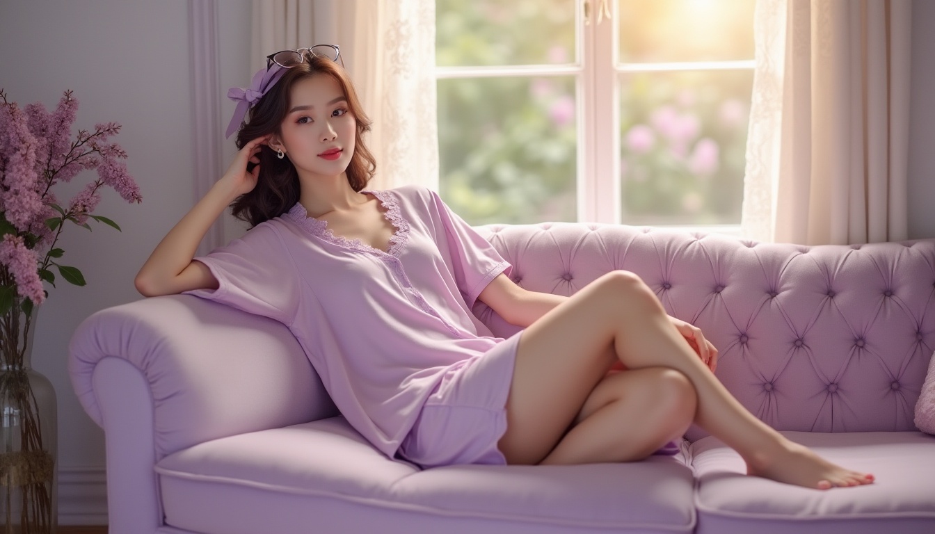 Prompt: Lilac themed room, soft lilac walls, gentle morning light, cozy atmosphere, elegant lady, 25yo, relaxed pose, reclining on a plush lilac velvet sofa, wearing lilac satin pajamas, matching lilac hair ribbon, subtle makeup, natural eyebrows, soft focus, warm lighting, 3/4 composition, French windows, blooming lilac flowers in the garden outside, subtle breeze, delicate lace curtains.