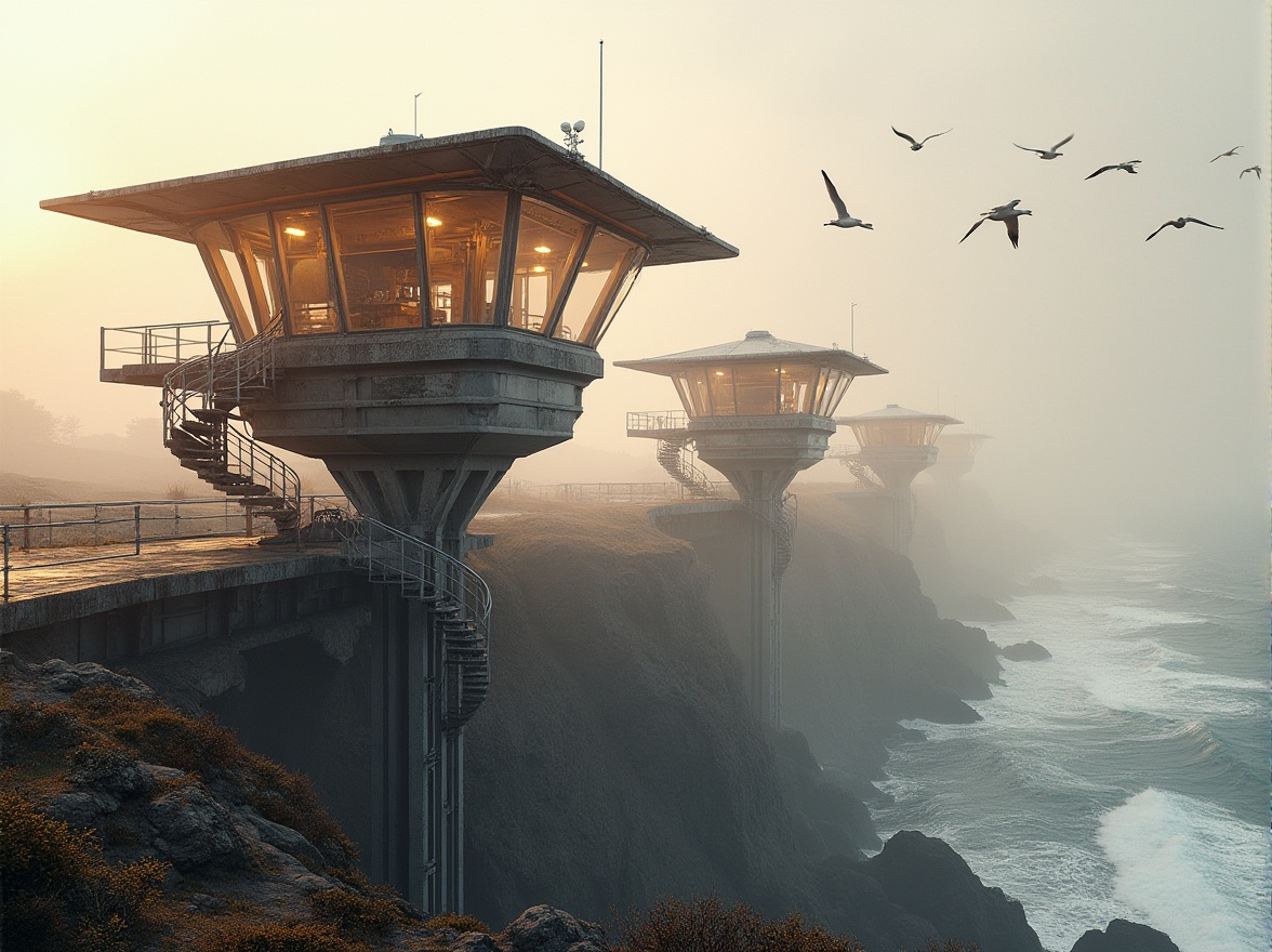 Prompt: Coastal watching towers, modern architecture, sleek lines, metallic materials, reflective surfaces, glass walls, minimalist aesthetic, ocean views, 360-degree panoramic views, cantilevered floors, spiral staircases, industrial-chic lighting fixtures, weathered wooden accents, rusted steel beams, dramatic angles, asymmetrical composition, misty atmosphere, soft golden light, warm beige tones, rugged cliffside setting, crashing waves, seagulls flying overhead.