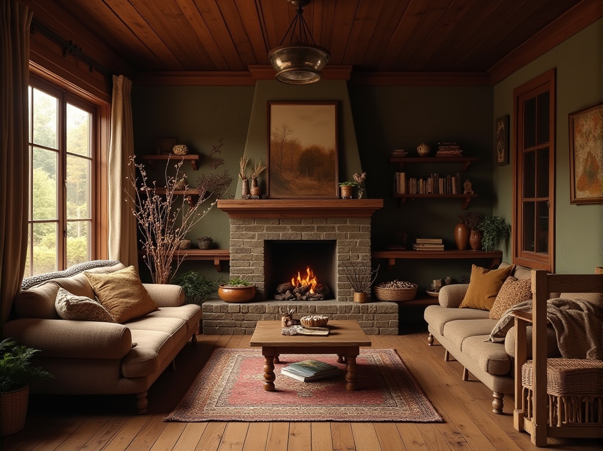 Prompt: Brown color, earth tone, natural material, wooden texture, vintage furniture, cozy atmosphere, warm lighting, comfortable setting, interior design, home decor, rustic style, country house, fireplace, autumn leaves, forest floor, outdoor scenery.