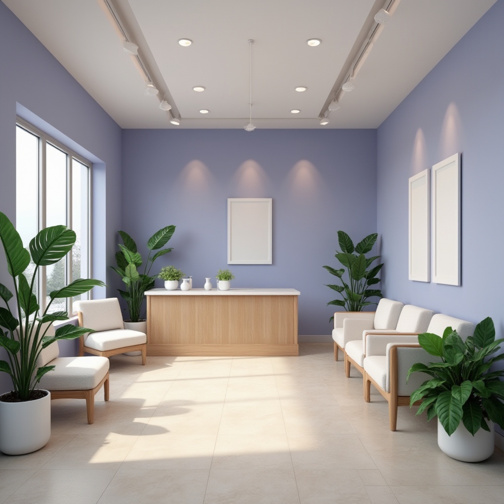 Prompt: Dental clinic interior, calming atmosphere, lavender blue walls, soothing ambiance, gentle curves, minimalist furniture, sleek lines, modern aesthetic, softbox lighting, subtle shadows, warm beige floors, comfortable waiting area, lush green plants, natural stone accents, wooden reception desk, calming music, serene background, shallow depth of field, medium shot, relaxed mood.