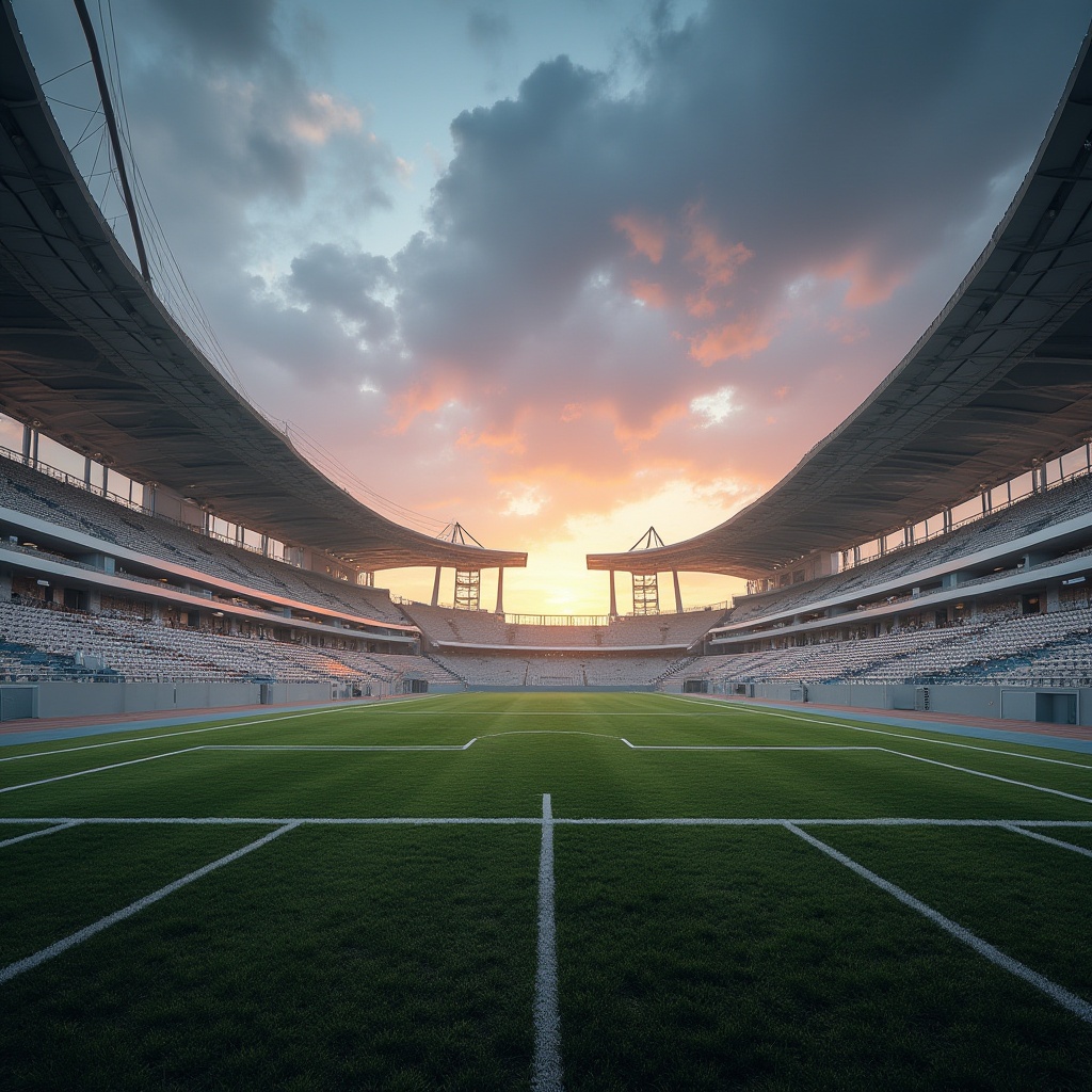 Prompt: Modern sports field, streamline style, sleek architecture, curved lines, metallic materials, silver accents, vibrant LED lighting, evening atmosphere, sunset glow, vast open space, lush green grass, white track lines, stadium seating, minimalist design, abstract shapes, futuristic feel, low-angle shot, dramatic shadows, warm ambient light, 3/4 composition.