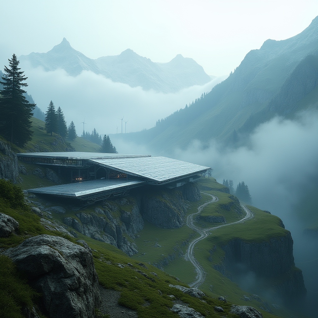 Prompt: Mountainous energy plant, futuristic architecture, steel framework, glass facade, solar panels, wind turbines, hydroelectric generators, snow-capped peaks, rocky cliffs, misty atmosphere, foggy morning, serene landscape, gentle slopes, lush greenery, coniferous trees, moss-covered stones, rustic roads, winding trails, mist-shrouded valleys, cinematic composition, ambient lighting, soft focus.