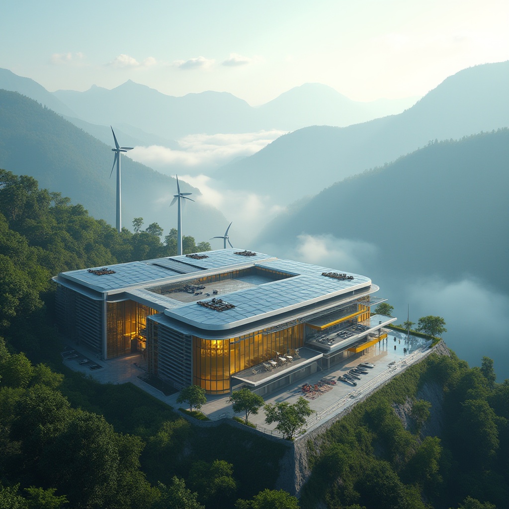 Prompt: Mountainous energy plant, modern architecture, sleek lines, metallic materials, light yellow accents, vibrant color pops, solar panels, wind turbines, misty mountainside, lush greenery, morning fog, soft sunlight, gentle shadows, 3/4 composition, atmospheric perspective, high contrast, cinematic lighting, detailed textures, industrial equipment.