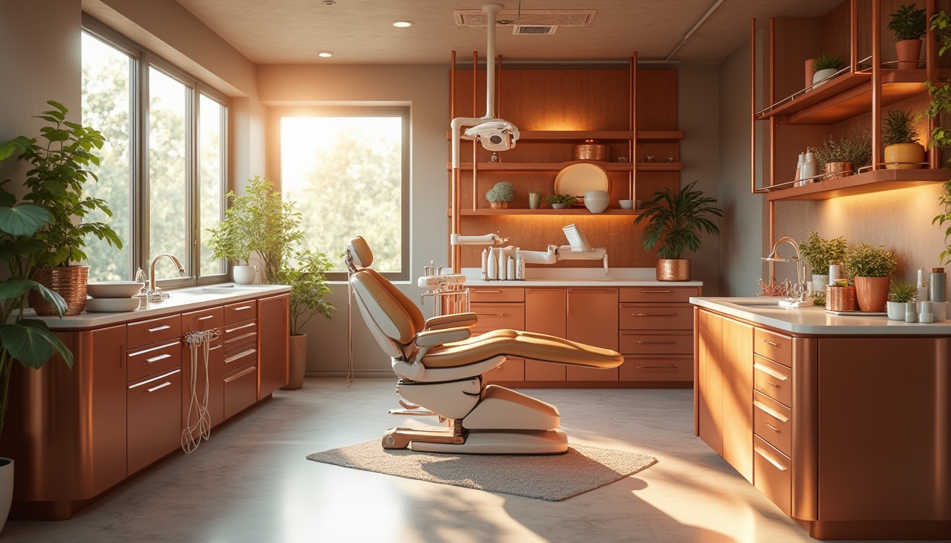 Prompt: Dental clinic interior, modern architecture, copper accents, metallic sheen, warm ambiance, soft lighting, dentist chair, copper pipes, sleek countertops, copper-infused equipment, shiny instruments, copper-colored walls, polished floors, minimalist decor, plants on shelves, natural light pouring in through large windows, morning sunlight, subtle shadows, 3/4 composition, shallow depth of field.