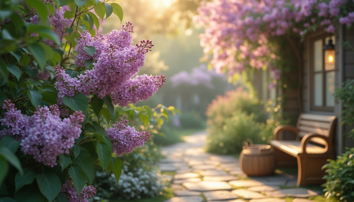 Prompt: Lilac flowers, soft delicate petals, pastel purple hue, gentle swaying in breeze, serene atmosphere, warm sunlight filtering through, lush green leaves, tranquil garden setting, vintage wooden bench, woven wicker basket, old stone pathways, rustic lanterns, subtle fragrance, gentle rustling sound, peaceful ambiance, natural light, shallow depth of field.