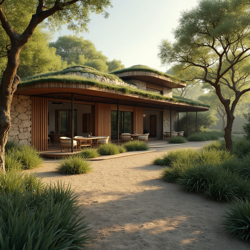 Prompt: Natural scenery, serene atmosphere, earthy tone, rammed earth material, modern architecture, villa, eco-friendly, sustainable living, green roof, lush vegetation, wooden accents, stone walls, natural lighting, 3/4 composition, warm ambient light, cinematic mood, shallow depth of field, highlighting the textures.