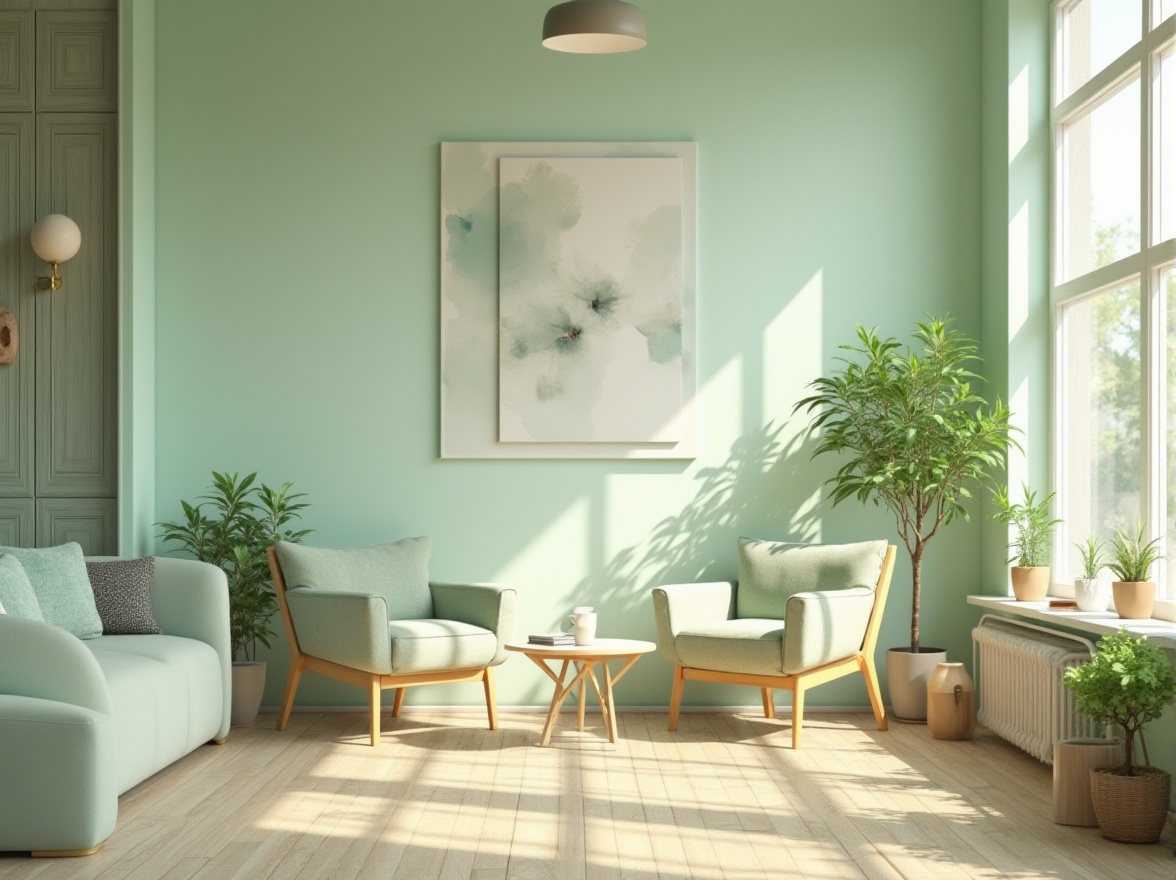 Prompt: pale green, pastel color, calming atmosphere, modern interior design, trendy furniture, minimalistic decor, abstract art piece, large windows, natural light, blurred background, shallow depth of field, 3/4 composition, soft focus, warm lighting, relaxing ambiance, Scandinavian style, cozy coffee shop, indie cafe, morning sunlight.