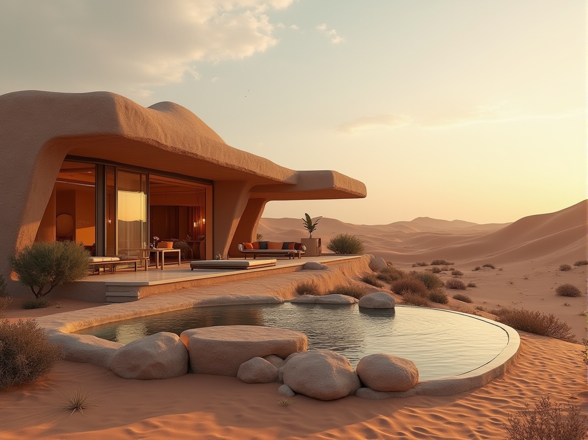 Prompt: Desert landscape, sandy dunes, futuristic architecture, luxurious villa, incorporating sand-casted materials, modern design, sleek lines, metallic accents, large glass windows, sliding doors, outdoor lounge area, sunken seating, low tables, ambient lighting, warm color palette, cozy atmosphere, soft focus, shallow depth of field, natural textures, organic forms, earthy tones, rustic charm, warm sunlight, dramatic shadows, high contrast.