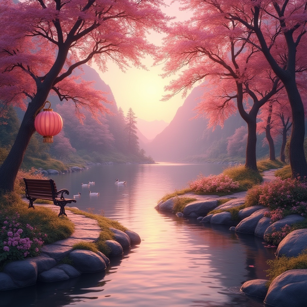 Prompt: Mauve colored riverbank, serene atmosphere, warm sunset light, gentle ripples on calm water, lush greenery, mauve-hued flowers blooming, delicate ferns swaying near the bank, a winding stone path meandering alongside the river, few ducks swimming lazily, an old wooden bench facing the river, mauve-toned lanterns hanging from trees, distant mountains creating a serene backdrop, soft mauve lighting, panoramic view, 3/4 composition, warm and cozy ambient atmosphere.