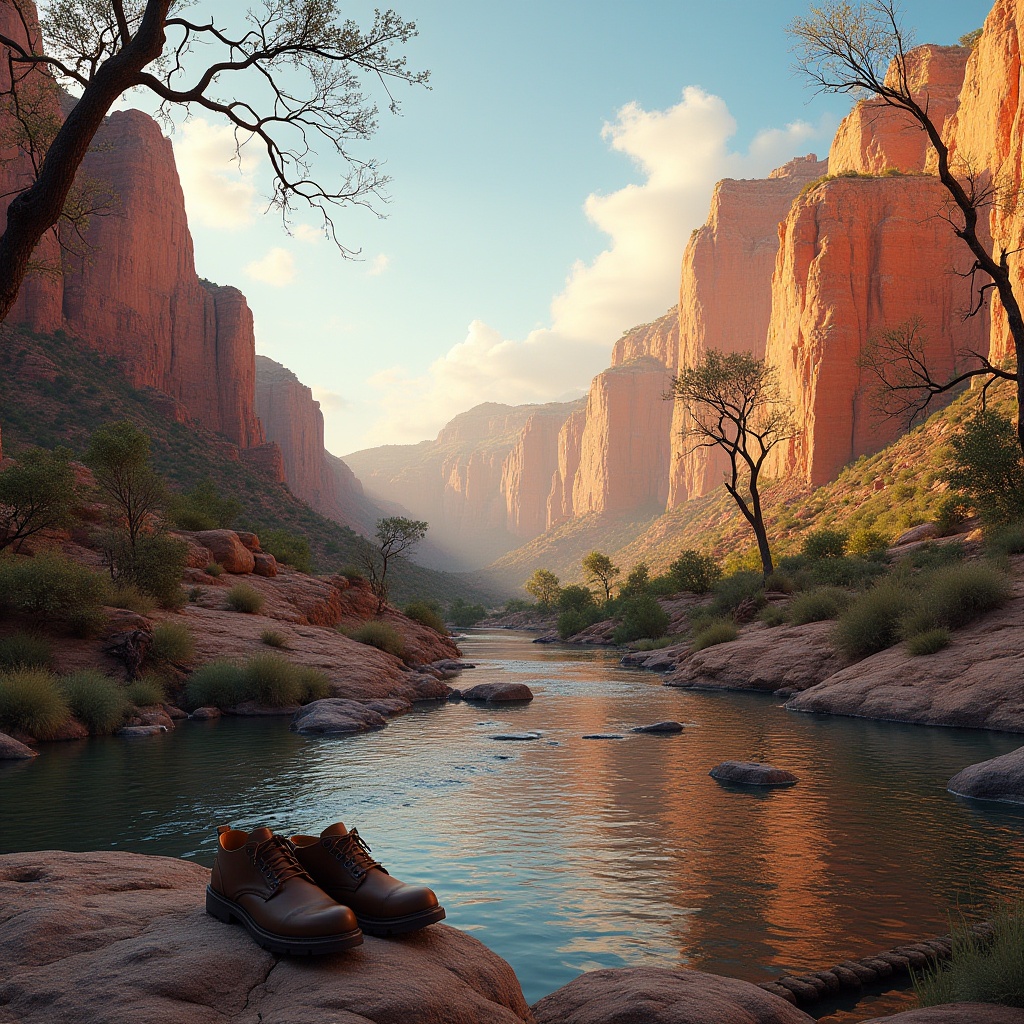 Prompt: Grand canyon-inspired landscape, vast expansive terrain, warm orange-red rock formations, layered strata, deep valleys, majestic cliffs, solitary standing trees, twisted tree branches, few wispy clouds, clear blue sky, soft golden hour lighting, shallow river flowing through the canyon floor, gentle water ripples, weathered wooden bridge crossing the river, old worn-out hiking boots resting on a rock, serene atmosphere, natural scenery, warm color palette, cinematic composition.