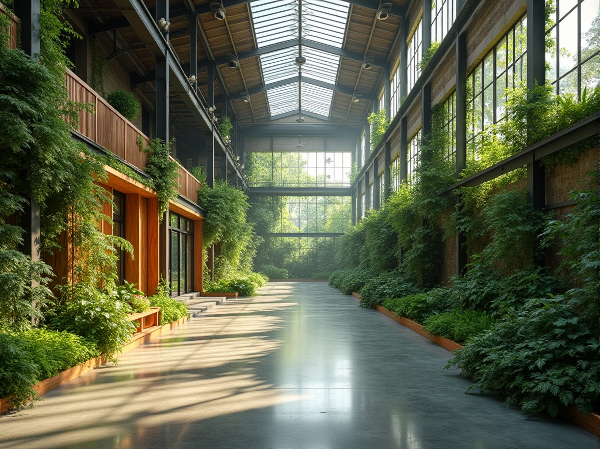 Prompt: Industrial warehouse, green architecture style, modern eco-friendly design, lush greenery walls, large skylights, natural ventilation, recycled materials, solar panels, vertical farming, living walls, green roofs, minimal carbon footprint, urban oasis, serene atmosphere, warm wooden accents, steel beams, industrial chic decor, abundant natural light, 3/4 composition, soft diffused lighting, panoramic view.