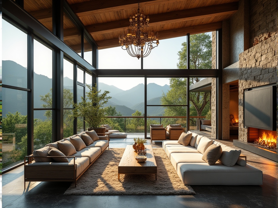 Prompt: Rural penthouse, modern structuralism style, luxurious villa, surrounded by lush greenery, majestic mountains in the background, large windows with minimalist frames, sleek lines, geometric shapes, rustic stone walls, wooden accents, metal beams, open-plan living area, high ceilings, grand chandelier, lavish furniture, soft cushions, warm lighting, 3/4 composition, panoramic view, afternoon sun, warm ambient light.