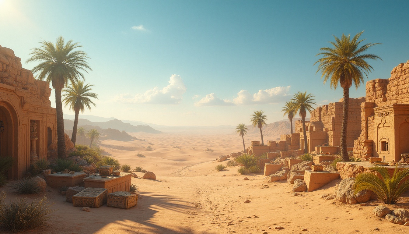 Prompt: Desert landscapes, vast sand dunes, endless blue skies, solitary palm trees, ancient ruins, worn stone walls, intricate mosaics, ornate lanterns, mystical artifacts, treasure chests, abandoned vehicles, rusted metal scraps, weathered wooden crates, harsh sunlight, golden hour, dramatic shadows, warm beige tones, dusty textures, arid plants, cacti, succulents, distant sandstorms, atmospheric haze.