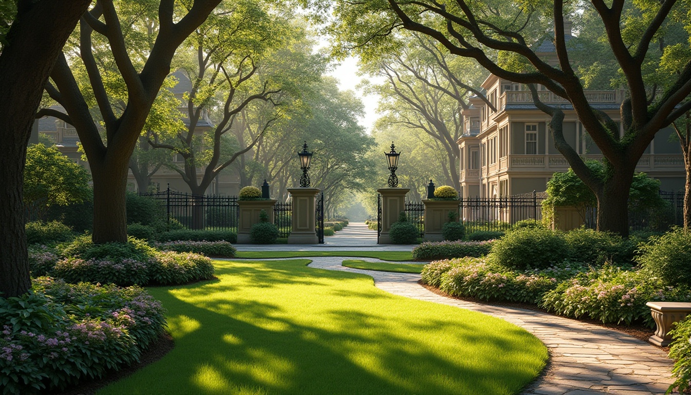 Prompt: Classic homes, Victorian-era inspired, lush green lawn, vibrant flower beds, symmetrical garden layout, ornate iron fences, grand entrance gates, meandering stone pathways, tall oak trees, hanging vines, ivy-covered walls, rustic wooden benches, elegant street lamps, warm afternoon sunlight, soft focus, cinematic composition.