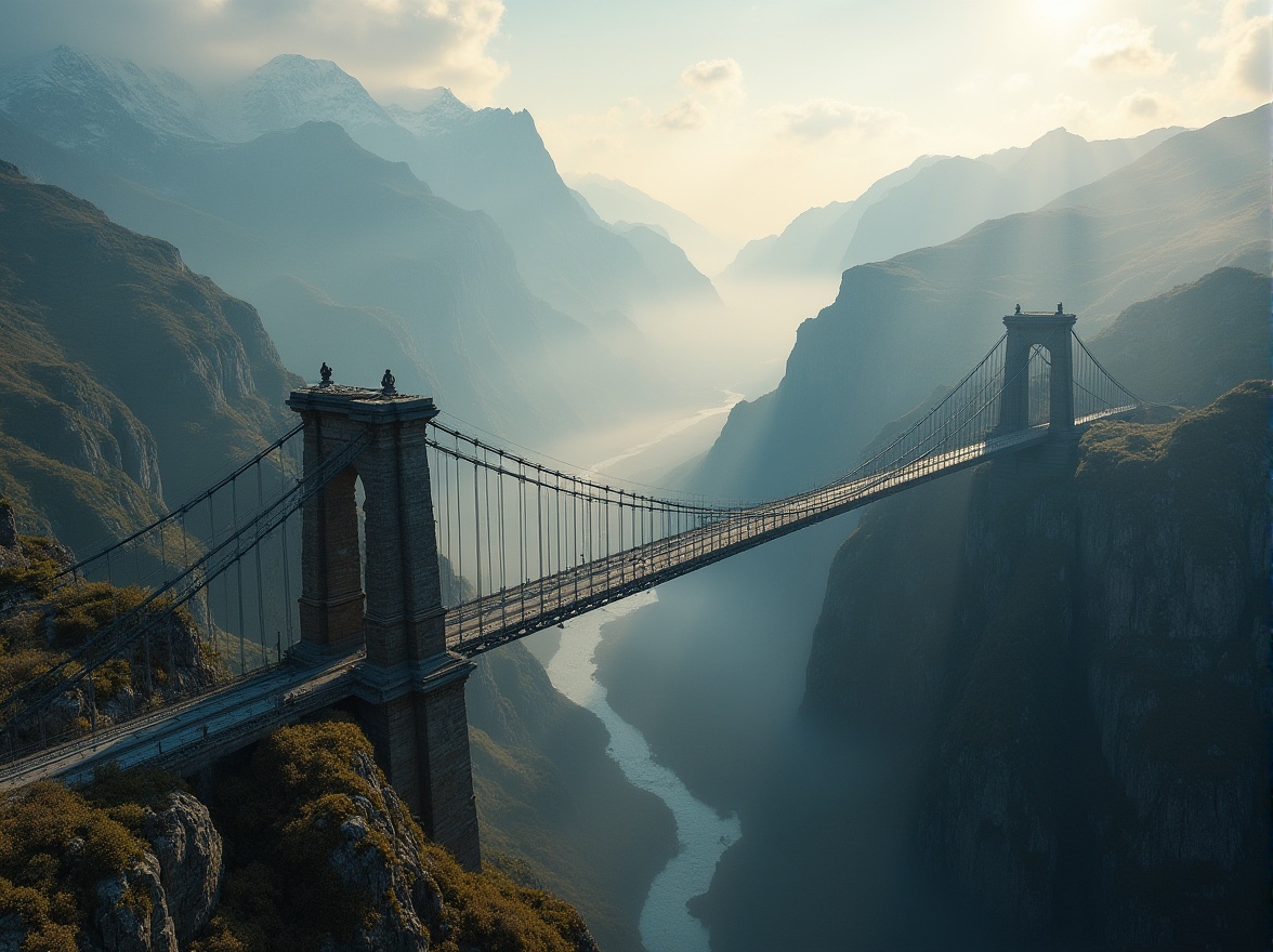 Prompt: Plateau landscape, rugged terrain, bridge construction, majestic mountains, misty valleys, winding rivers, steep cliffs, suspension bridge, steel cables, stone pillars, rustic texture, dramatic lighting, cinematic composition, aerial view, 3/4 angle shot, morning fog, warm sunlight, misty atmosphere.