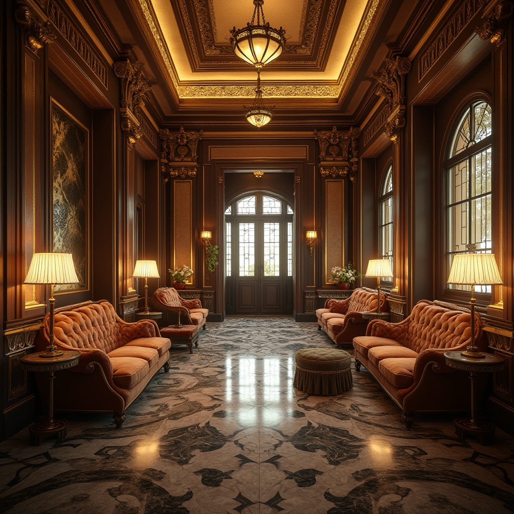 Prompt: Luxurious hostel interior, Art Deco style, geometric patterns, metallic textures, marble floors, ornate furniture, velvet upholstery, golden accents, vintage lamps, intricate moldings, circular shapes, symmetrical composition, warm ambient lighting, soft focus, 3/4 camera angle, low-key lighting, atmospheric mood, nostalgic feel.