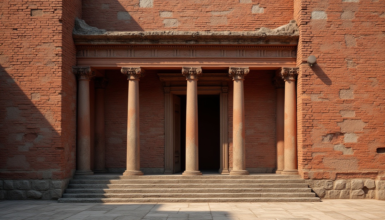 Prompt: Classic architectural design, ancient Greek or Roman style building, brick material, rusty red color, weathered surface, ornate details, columnar structure, grand entrance, stone pedestal, intricate carvings, dramatic lighting, low-angle shot, warm afternoon sun, subtle shadow, historic atmosphere, detailed texture, rough surface.