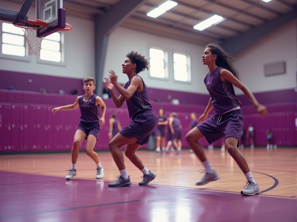 Prompt: Plum-colored gymnasium, indoor sports arena, bright artificial lighting, rows of wooden bleachers, basketball court, plum accent walls, vibrant plum lockers, plum-trimmed athletic uniforms, energetic teenagers playing sports, sweat-drenched faces, dynamic poses, motion blur, shallow depth of field, bold composition, warm and inviting ambiance, high school atmosphere.