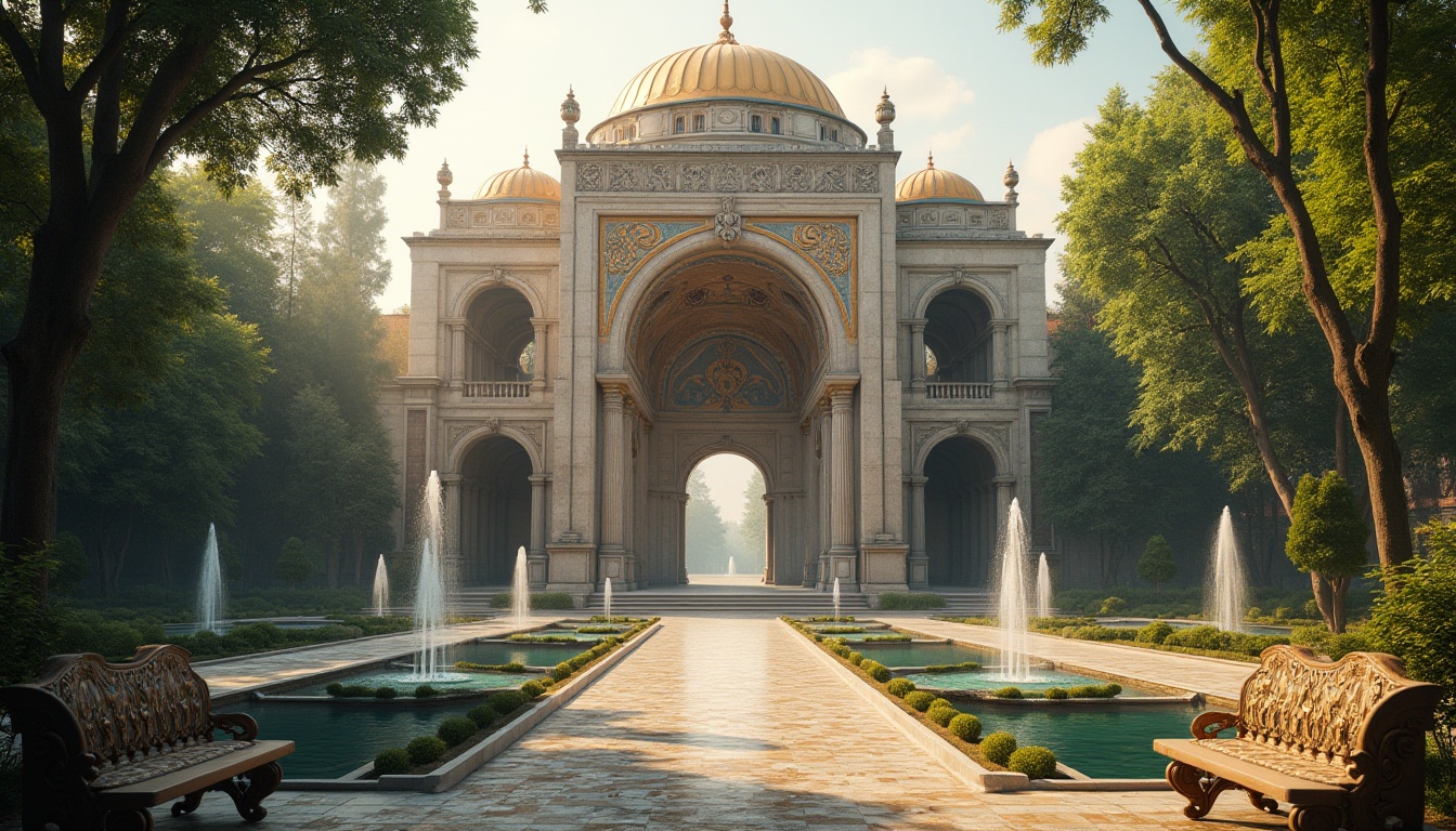 Prompt: Byzantine style park, grand entrance gates, intricate stone carvings, golden domes, majestic archways, ornate mosaics, vibrant frescoes, lush greenery, tall trees, winding pathways, serene water features, tranquil ponds, ornamental fountains, benches with Byzantine patterns, warm afternoon sunlight, soft shadows, atmospheric mist, historic ambiance, mystical atmosphere, cinematic composition, high contrast lighting, detailed textures.