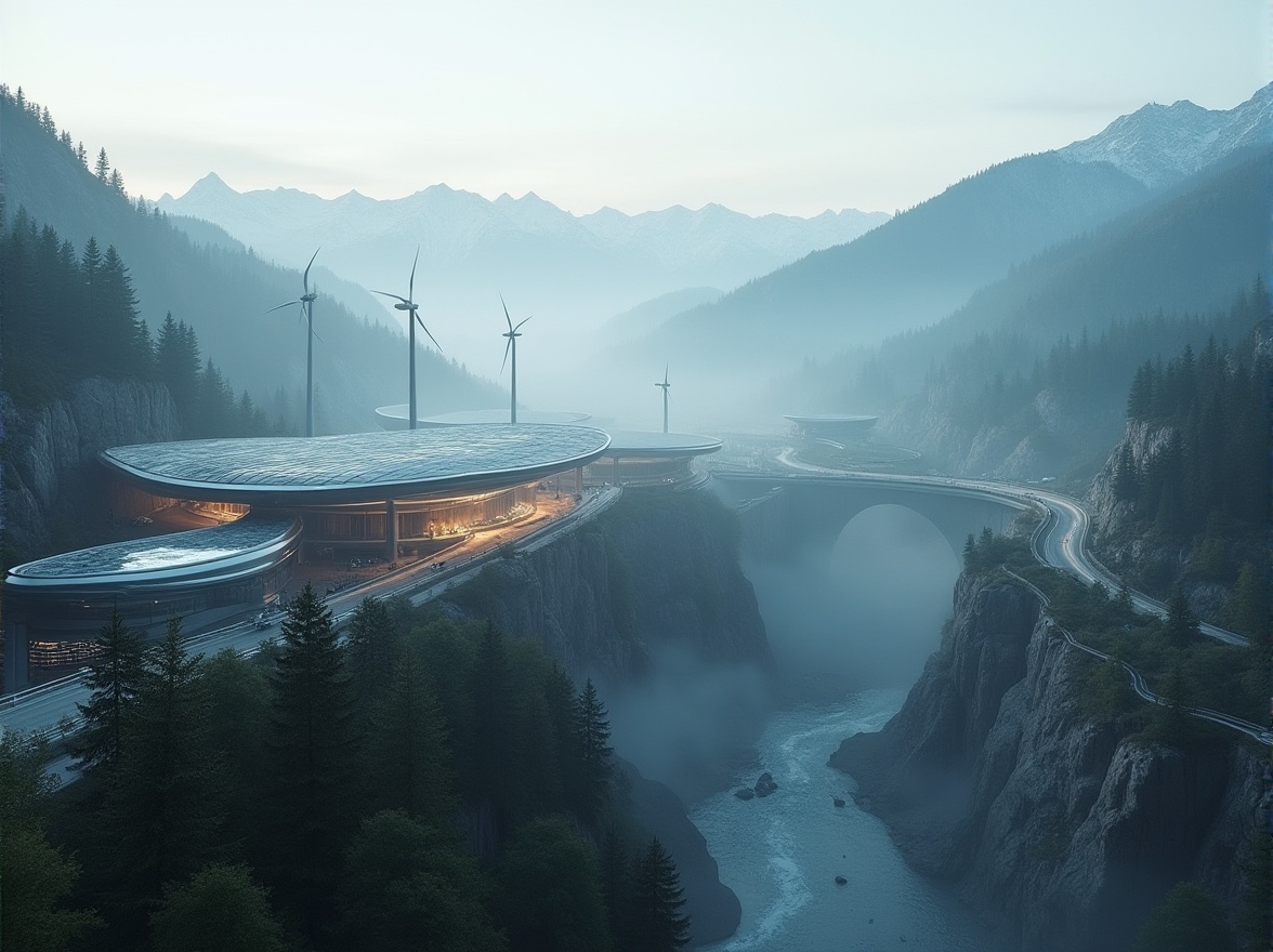 Prompt: Mountainous energy plant, modern architecture, sleek design, metallic structure, silver accents, glass windows, inclined roof, wind turbines, solar panels, hydroelectric dam, misty atmosphere, foggy surroundings, pine trees, rocky cliffs, steep slopes, winding mountain roads, distant snow-capped peaks, ambient light, soft focus, cinematic composition, natural textures, realistic rendering.