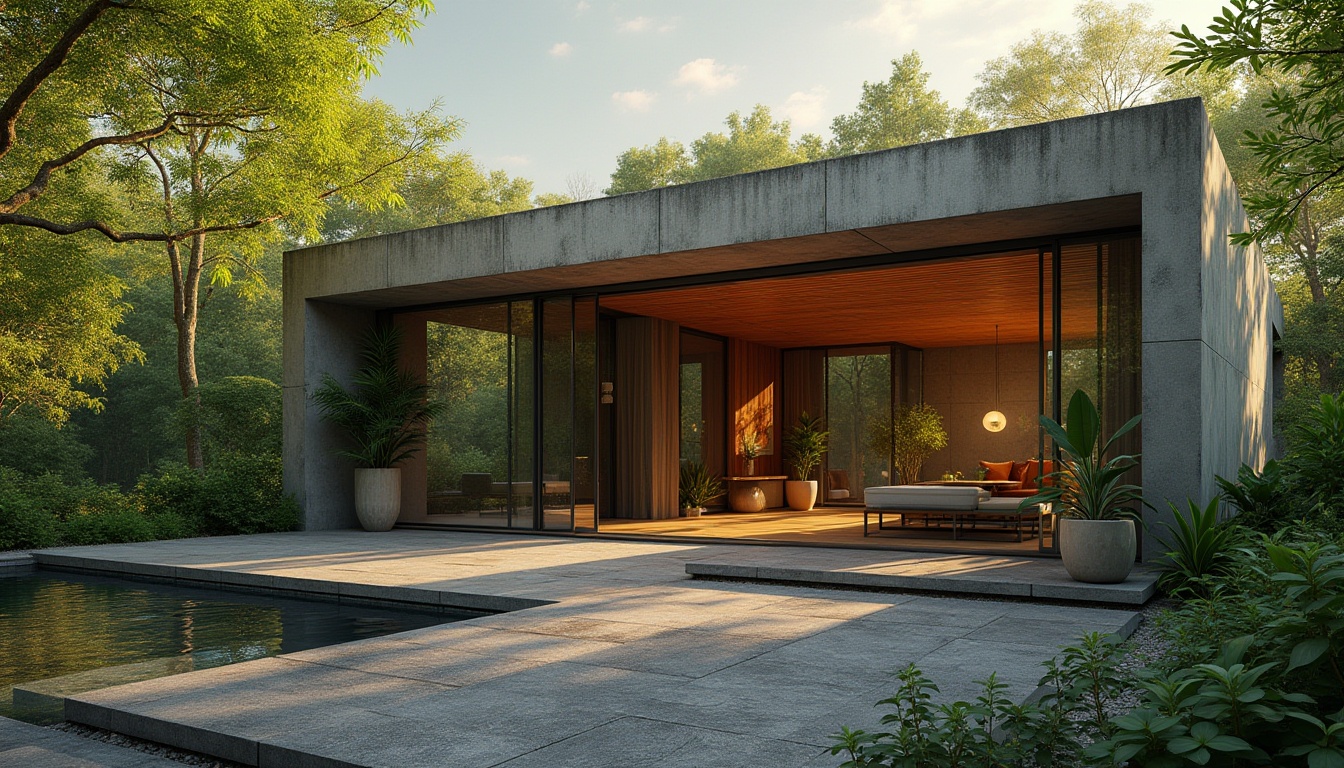 Prompt: Modern Bauhaus villa, surrounded by lush green forest, large windows, sliding glass doors, minimalist interior design, wooden floors, industrial pipes, concrete walls, geometric shapes, abstract artwork, tropical plants, hanging planters, natural stone façade, angular roofline, dramatic shadows, afternoon sunlight, warm ambient light, 3/4 composition, panoramic view, close-up of details.