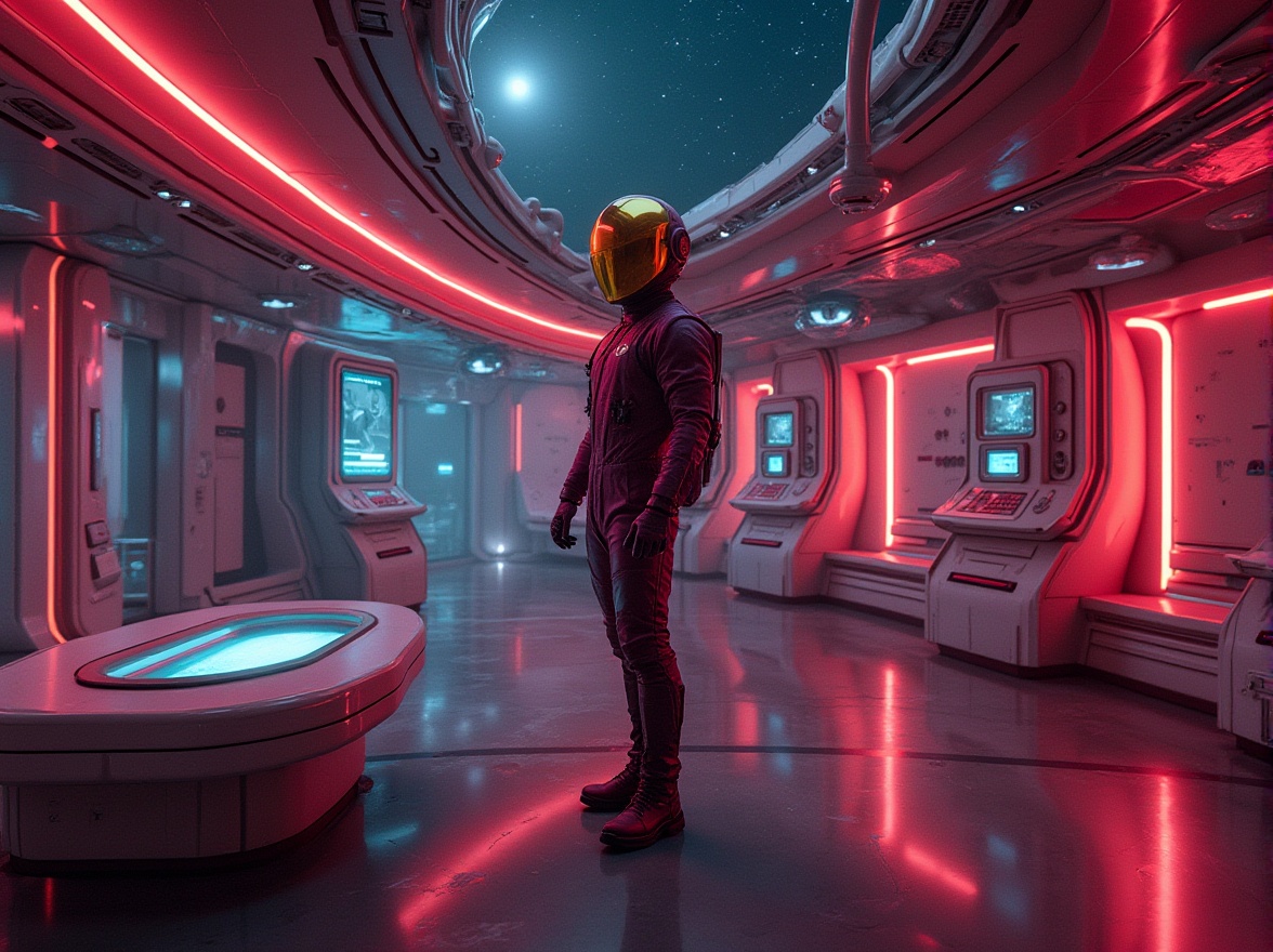 Prompt: Futuristic space station, maroon color accents, neon lights, metallic walls, sleek lines, minimalist decor, holographic displays, levitating furniture, transparent glass floors, futuristic control panels, astronaut in maroon spacesuit, helmet with golden visor, standing heroically, starry galaxy background, 3/4 composition, low-angle shot, cinematic lighting, depth of field, HDR.