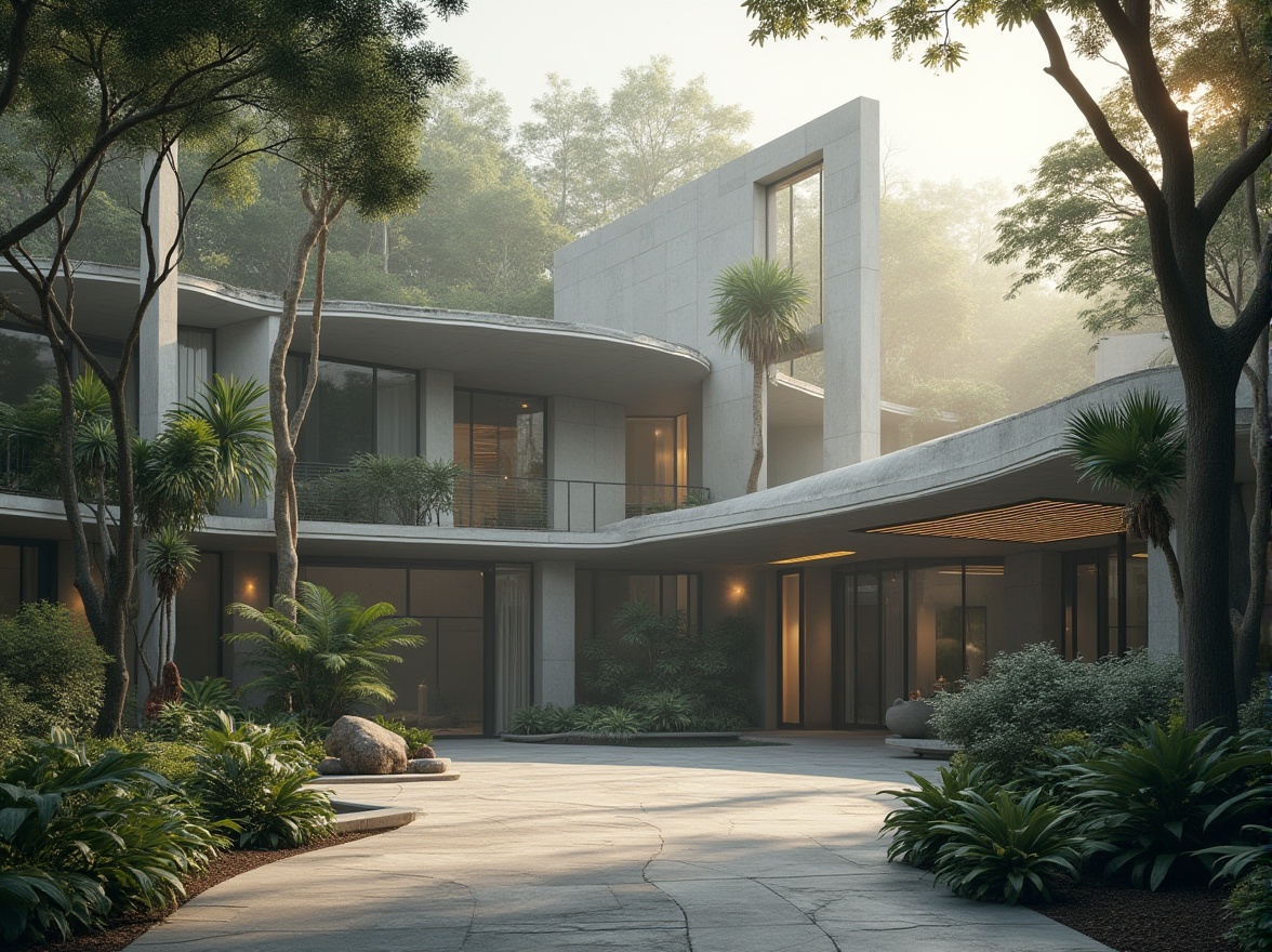 Prompt: Modern zoo, structuralism style, futuristic architecture, angular concrete walls, irregular shapes, cantilevered roofs, steel beams, industrial pipes, abstract sculptures, geometric patterns, minimalist landscaping, tropical plants, misty atmosphere, warm sunlight filtering through trees, 3/4 composition, low-angle shot, dramatic shadows, cinematic lighting.