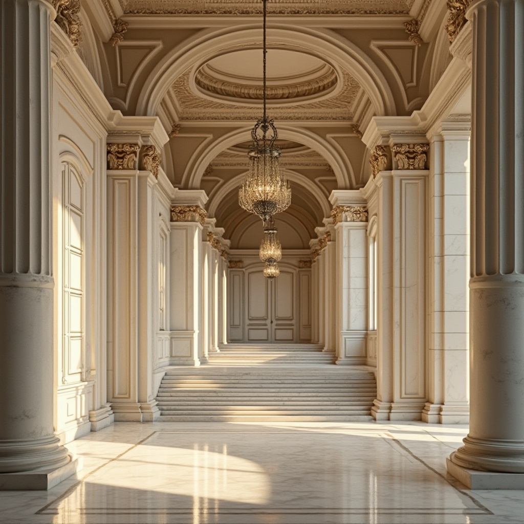 Prompt: Neoclassical building, grand entrance, plastered concrete columns, ornate Corinthian capitals, intricately carved stone facade, large arched windows, symmetrical composition, classical pediment, majestic staircase, marble floors, high ceilings, luxurious chandeliers, warm beige and white color scheme, soft natural light, subtle shadows, 3/4 view angle, cinematic depth of field.