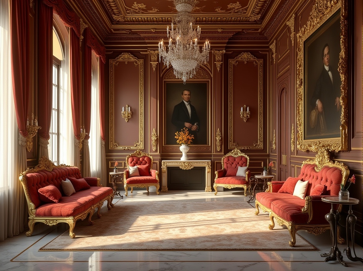 Prompt: Classic interiors, luxurious atmosphere, ornate gold frames, velvet drapes, marble floors, intricate patterns, Renaissance-inspired furniture, rich wood tones, crystal chandeliers, lavish textiles, detailed moldings, warm soft lighting, 3/4 composition, shallow depth of field, elegant still life, antique vases, oil paintings, realistic rendering.