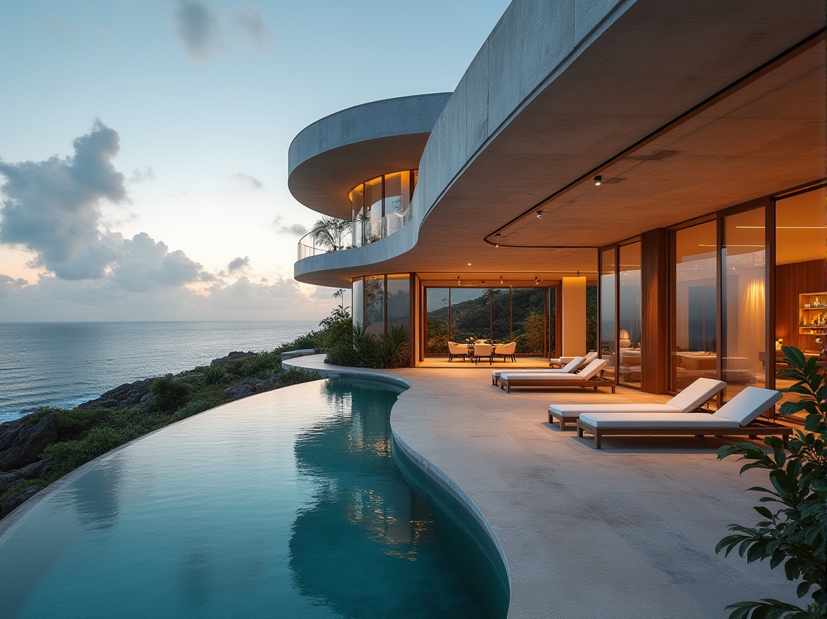 Prompt: Coastal villa, modern concrete structure, curved lines, minimalist design, ocean view, large windows, sliding glass doors, open floor plan, high ceiling, polished concrete floors, wooden accents, beachy color palette, tropical plants, outdoor seating area, infinity pool, sunset lighting, soft warm glow, ambient atmosphere, 3/4 composition, panoramic view, dramatic shadows.