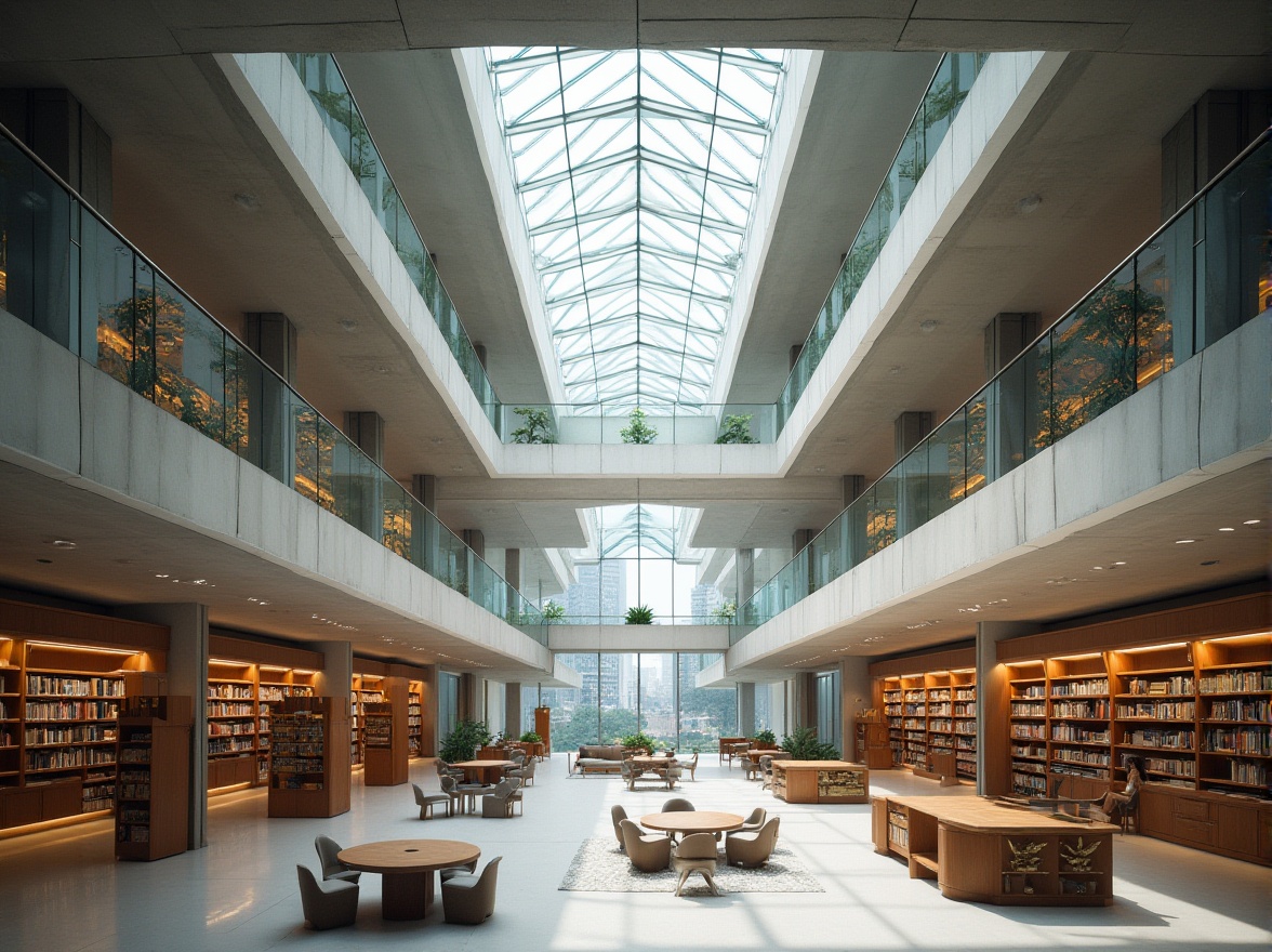 Prompt: Modern library, structuralism style, grand atrium, high ceiling, geometric shapes, steel beams, concrete columns, glass roof, natural light, open floor plan, bookshelves, reading areas, comfortable seating, wooden furniture, minimalist decor, urban surroundings, cityscape view, daytime, softbox lighting, 3/4 composition, symmetrical framing, neutral color palette.