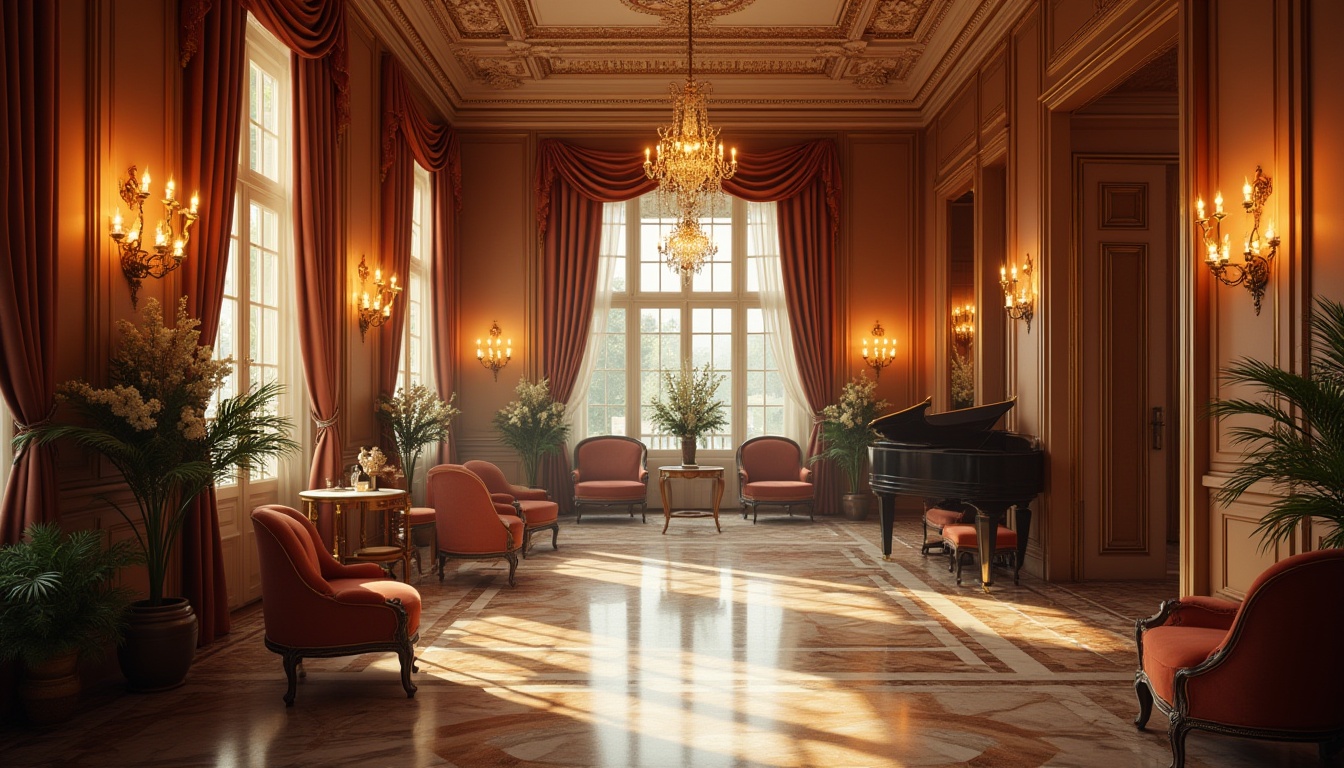 Prompt: Luxurious interior, classic decor, warm ambient lighting, soft glow of table lamps, ornate chandeliers, floor lamps with intricate carvings, marble floors, wooden panel walls, richly upholstered armchairs, velvet drapes, grand piano in the corner, lavish flower arrangements, large windows with delicate curtains, natural light pouring in, afternoon sunbeams, 3/4 composition, shallow depth of field, cinematic lighting, warm color palette.