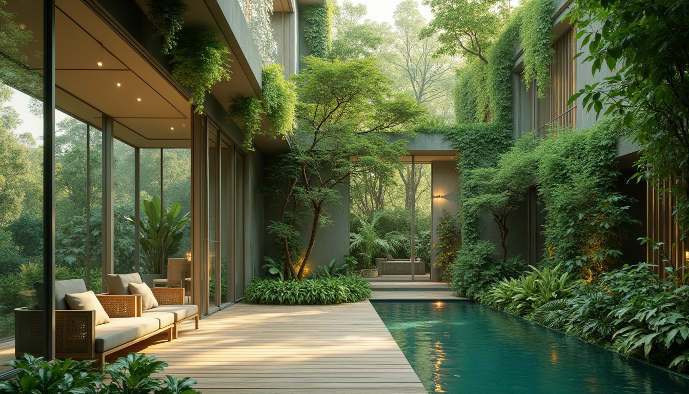 Prompt: Green architectural building, modern villa, eco-friendly design, lush green walls, large windows, natural light, indoor plants, calming atmosphere, peaceful ambiance, nature-inspired decor, wooden furniture, earthy tones, floor-to-ceiling glass, vertical garden, urban oasis, cityscape background, soft focus, shallow depth of field, warm lighting, afternoon sun.