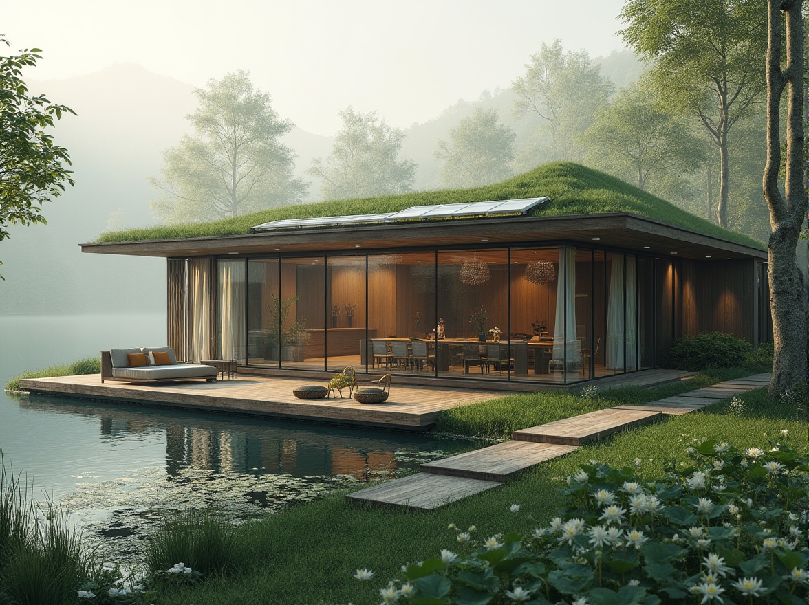 Prompt: Lakefront modern villa, eco-friendly architecture, green roofs, solar panels, recyclable materials, wooden accents, floor-to-ceiling windows, minimal carbon footprint, serene atmosphere, misty morning, tranquil lake, lily pads, lush greenery, walking path, bird's-eye view, 3/4 composition, soft natural light, warm color palette, comfortable outdoor seating area.