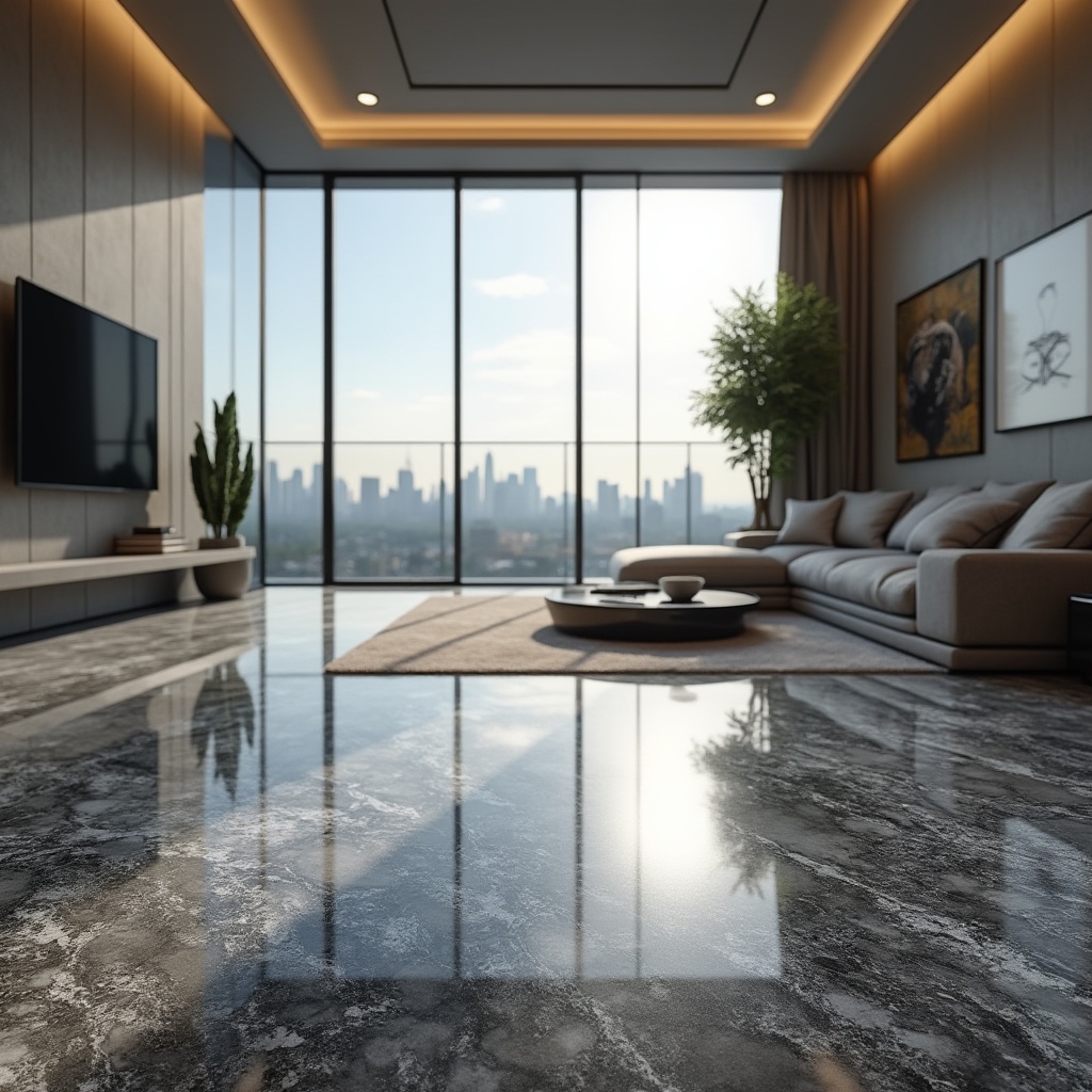 Prompt: Granite, luxury interior design, polished stone floor, natural texture, flecks of silver and black, high-gloss finish, sleek modern architecture, spacious living room, dramatic ceiling height, large windows, cityscape view, soft morning light, 3/4 composition, shallow depth of field.