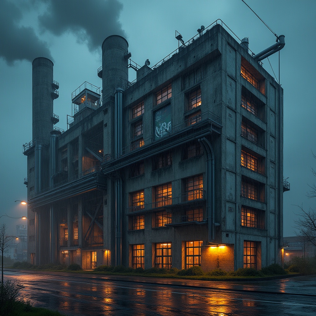 Prompt: Modern factory building, Expressionism style, industrial chic, brutalist concrete structure, exposed pipes, metallic beams, geometric shapes, angular lines, bold colors, abstract patterns, dynamic lighting, low-angle shot, dramatic shadows, atmospheric smoke, steam, futuristic ambiance, urban landscape, cityscape background, rainy night, moody atmosphere, cinematic composition.