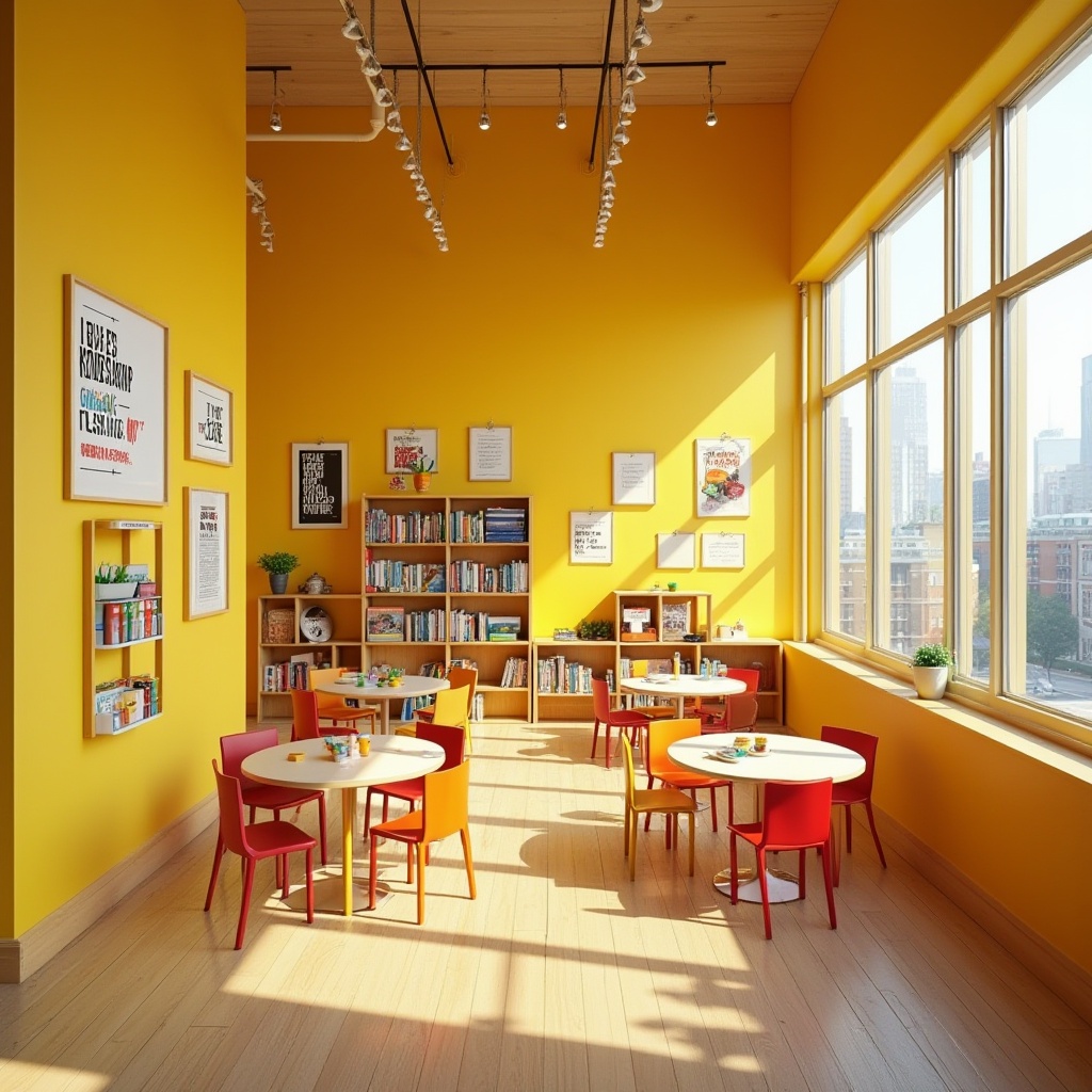 Prompt: Vibrant yellow walls, modern youth center, energetic atmosphere, wooden floor, minimalistic decoration, bright ceiling lights, circular tables, colorful chairs, playful lego bricks, inspirational quotes, motivational posters, open shelves with books and toys, cozy reading nook, natural light pouring in through large windows, urban cityscape outside, 3/4 composition, shallow depth of field, warm and inviting ambient lighting.