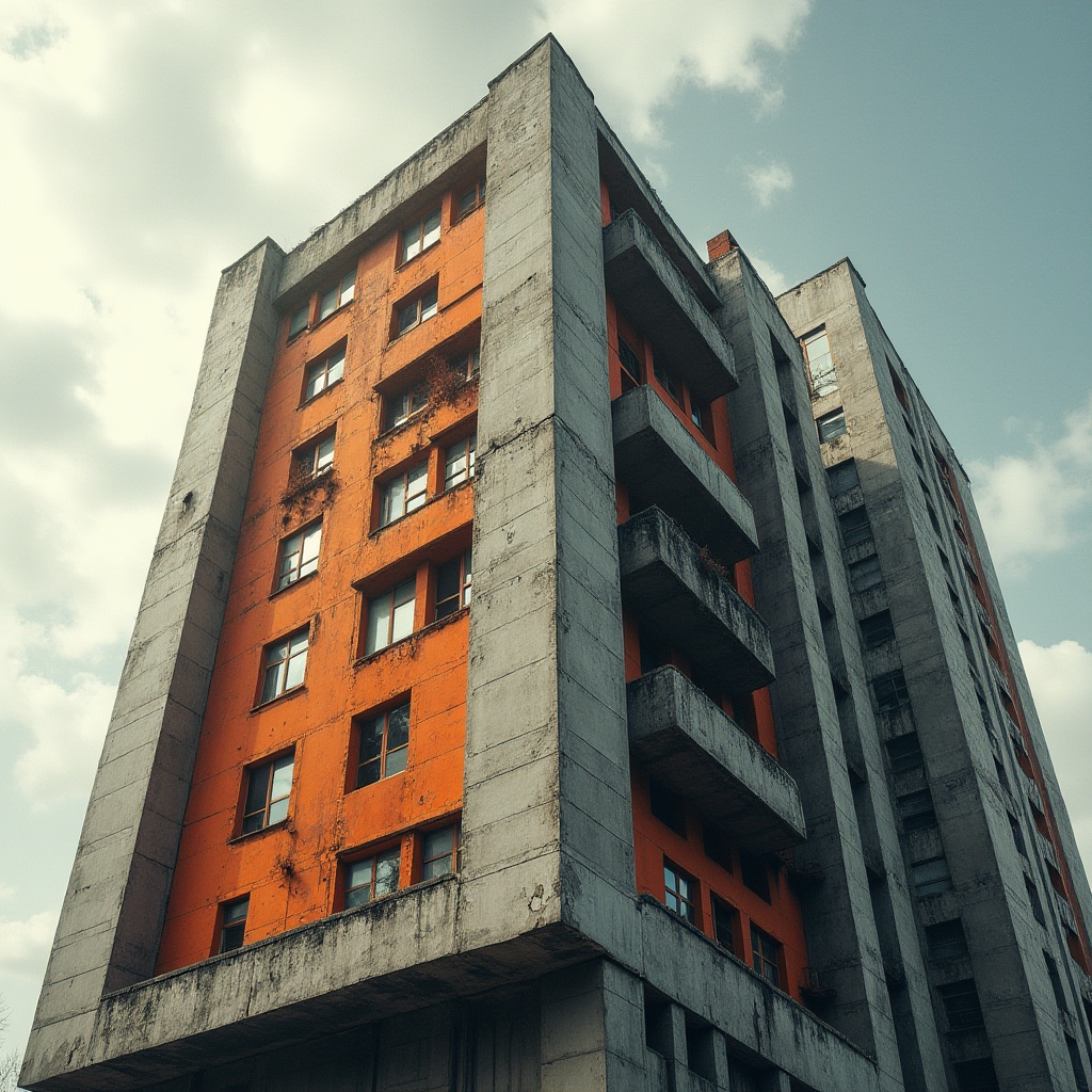 Prompt: Brutalist skyscraper, tangerine orange accent walls, industrial-style windows, rugged concrete texture, geometric shapes, urban cityscape background, cloudy afternoon light, low-angle shot, dramatic shadows, metallic railings, modernist architecture, bold structural elements, vibrant color pops, brutalist details, abstract composition, high-contrast lighting.