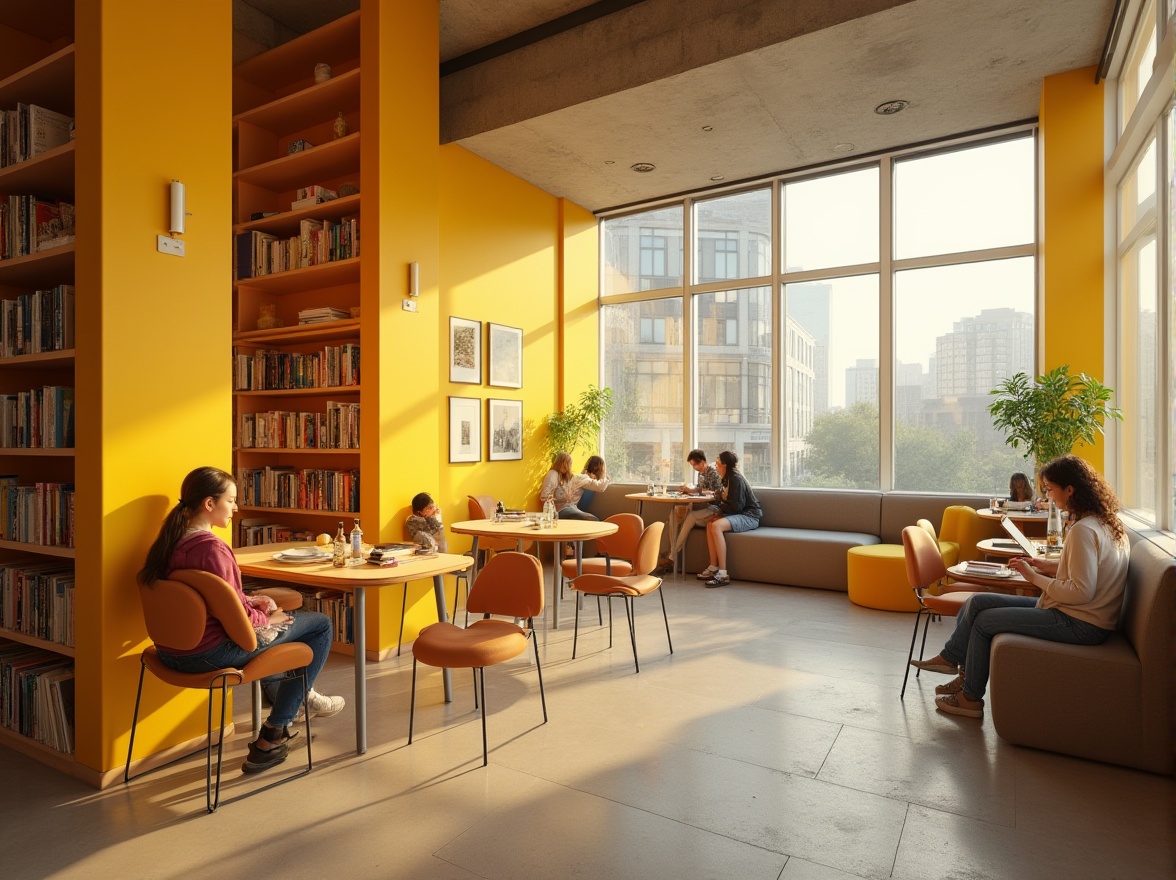 Prompt: Vibrant yellow accent walls, modern minimalist library, cozy reading nook, comfortable cushioned chairs, wooden tables with metal legs, warm soft lighting, floor-to-ceiling bookshelves, ladder for reaching high shelves, few students studying quietly, natural light pouring in through large windows, urban cityscape view outside, glass and steel exterior architecture, afternoon sunbeams, shallow depth of field, 3/4 composition.