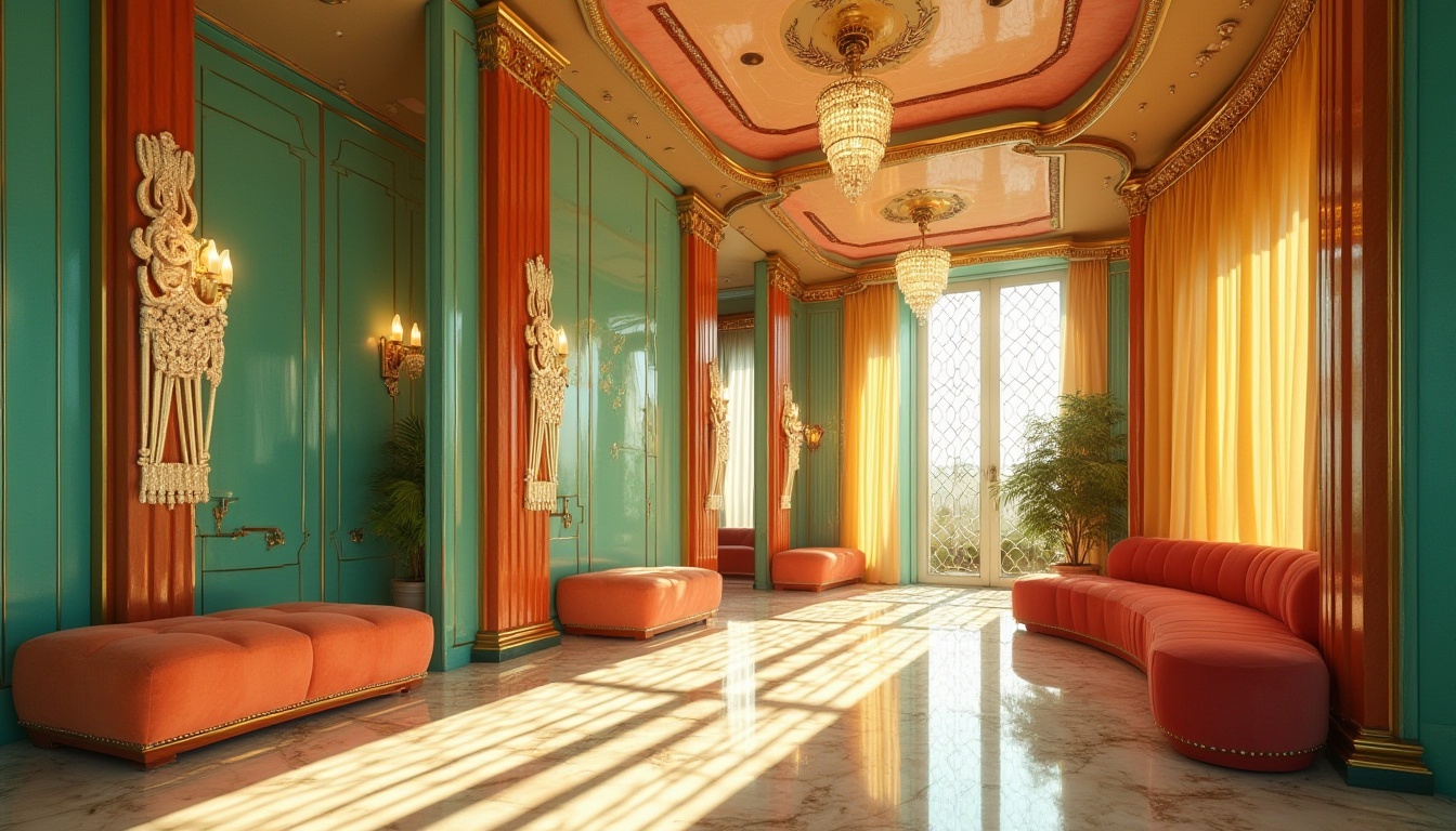 Prompt: Art Deco architecture, luxurious, geometric patterns, metallic accents, ornate decorations, bold bright colors, opulent materials, 1920s glamour, Miami Beach, sun-kissed, pastel hues, golden light, warm ambient glow, low-angle shot, cinematic composition, vibrant turquoise, emerald green, ruby red, amber yellow, chrome fixtures, marble floors, velvet drapes, intricate moldings, ornate ironwork, luxurious fabrics.