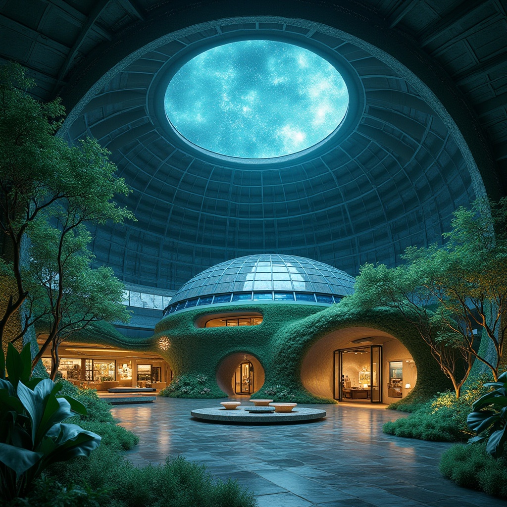 Prompt: Sustainable planetarium, futuristic fusion architecture, glowing blue-green accents, solar panels on roof, lush green walls, recycled metal structure, circular shape, domed ceiling, starry night sky projection, ambient soft lighting, 3/4 composition, shallow depth of field, modern furniture, minimal waste, eco-friendly materials, natural ventilation system, energy-efficient equipment, panoramic view, educational exhibits, interactive displays, astronomy-inspired decor, zero-carbon footprint.