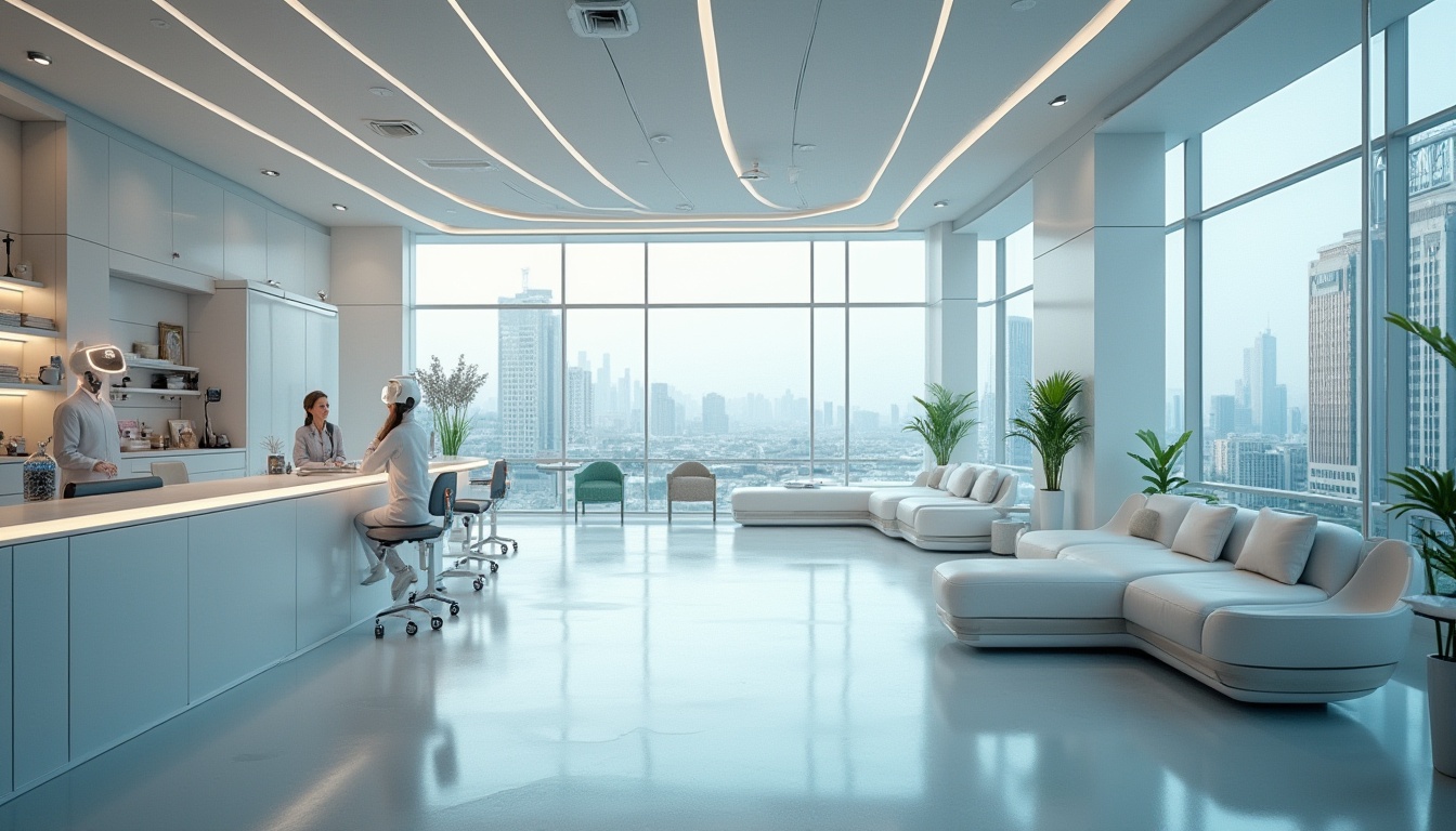 Prompt: Futuristic clinic, sleek lines, minimalist design, steel frames, glass walls, LED lights, modern interior, high-tech medical equipment, robotic assistants, virtual reality therapy rooms, calming ambiance, pastel colors, ergonomic furniture, rounded corners, spacious waiting areas, natural light pouring in, urban cityscape background, drone flying by, aerial view, 3/4 composition, soft focus, cinematic lighting.