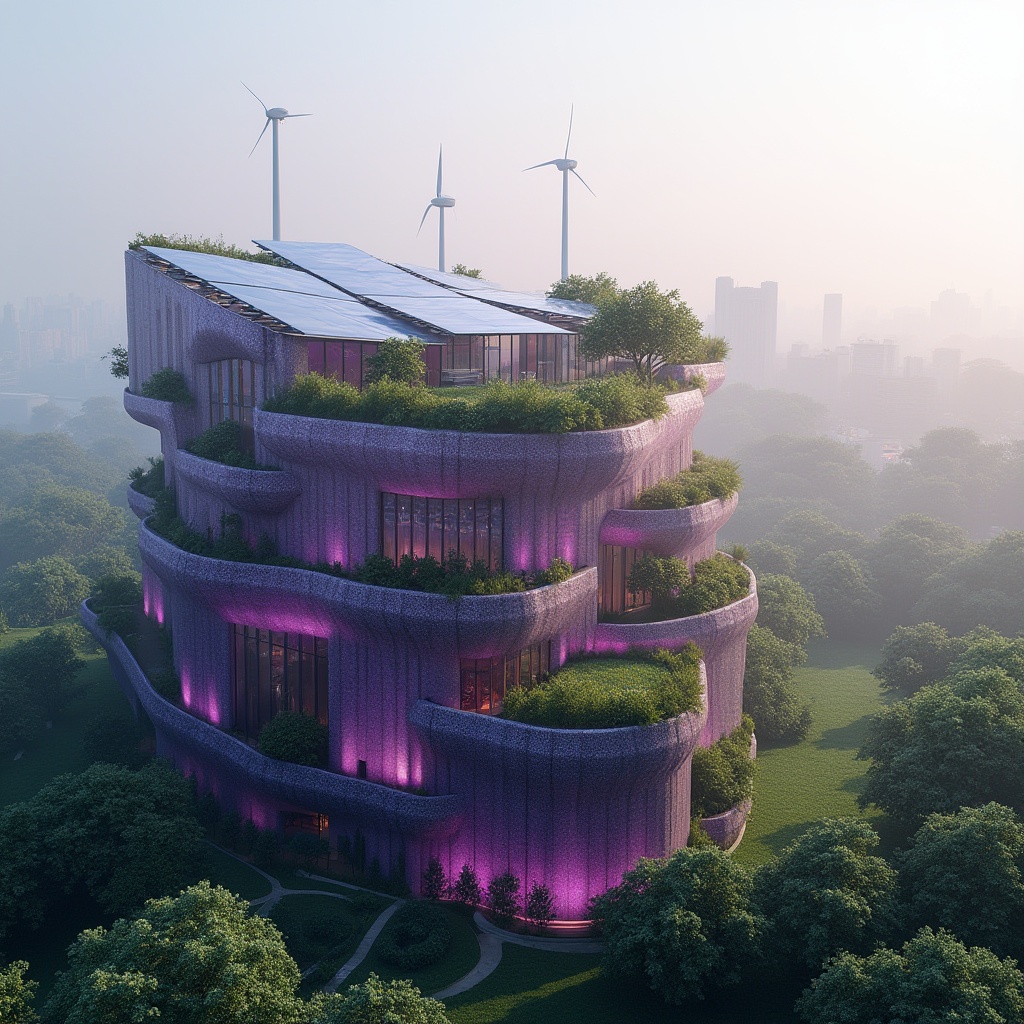 Prompt: Amethyst-colored sustainable building, eco-friendly materials, green roof, solar panels, wind turbines, modern architecture, urban landscape, cityscape, morning dew, soft natural light, gentle mist, vibrant purple hues, iridescent glass, recycled metal, living walls, vertical garden, lush greenery, calm atmosphere, 3/4 composition, wide-angle lens, cinematic lighting.